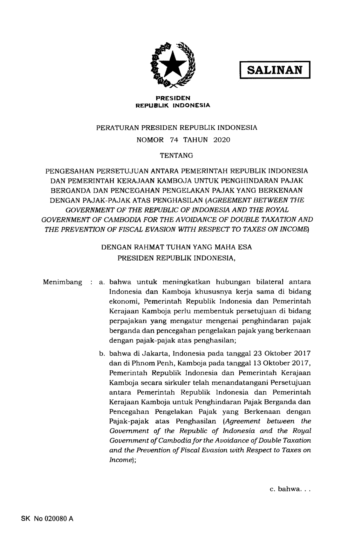 Peraturan Presiden Nomor 74 Tahun 2020