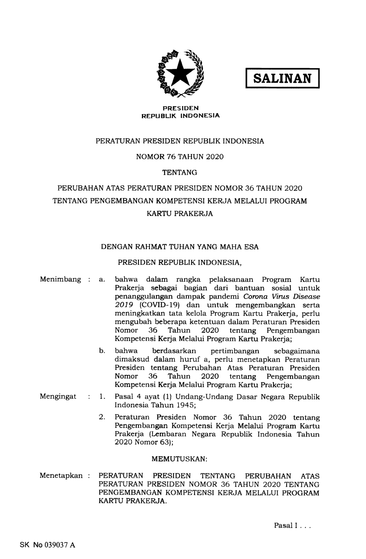 Peraturan Presiden Nomor 76 Tahun 2020