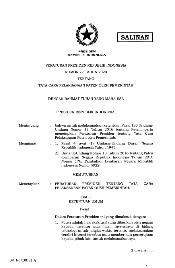 Peraturan Presiden Nomor 77 Tahun 2020