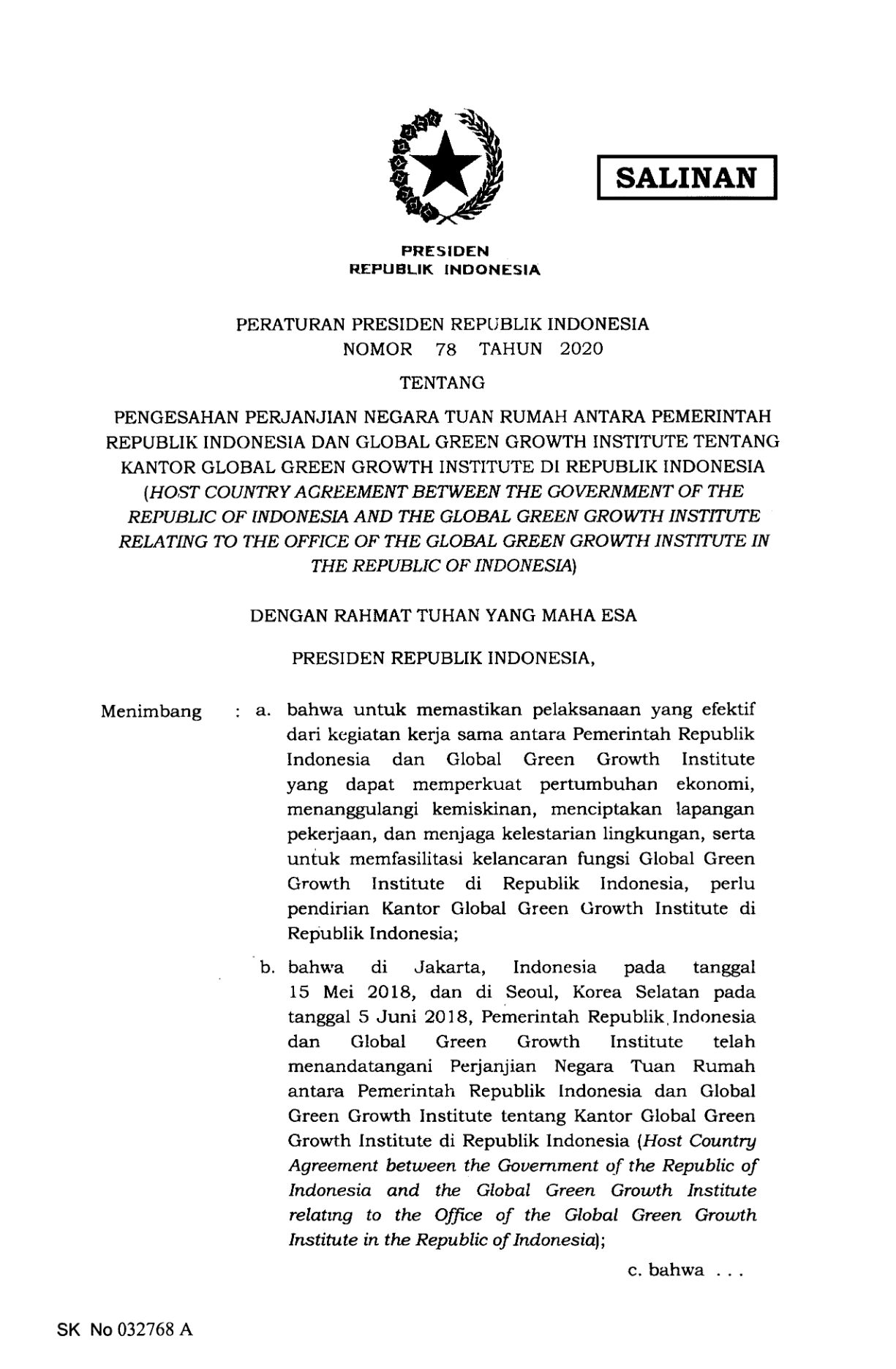 Peraturan Presiden Nomor 78 Tahun 2020