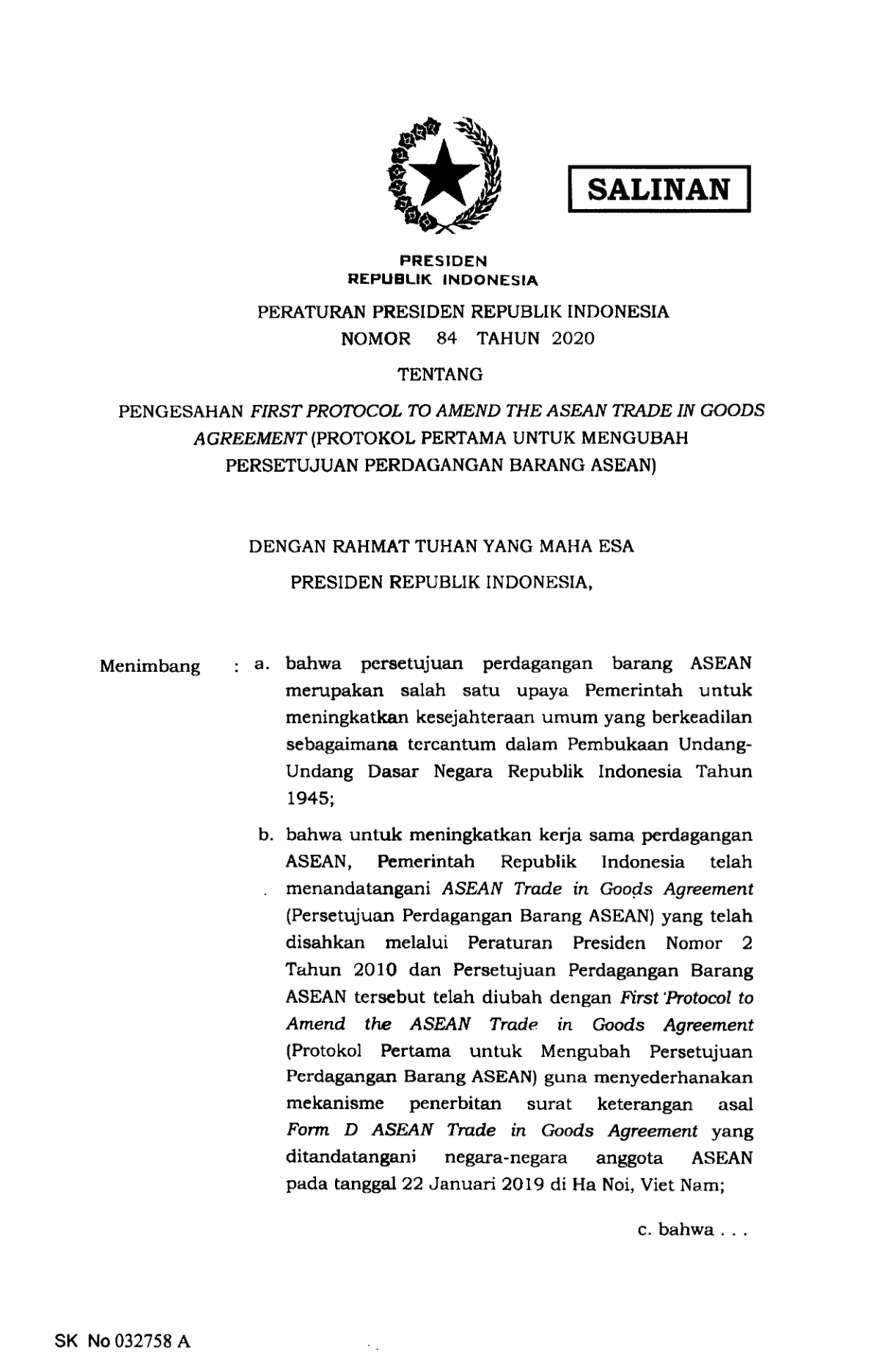 Peraturan Presiden Nomor 84 Tahun 2020