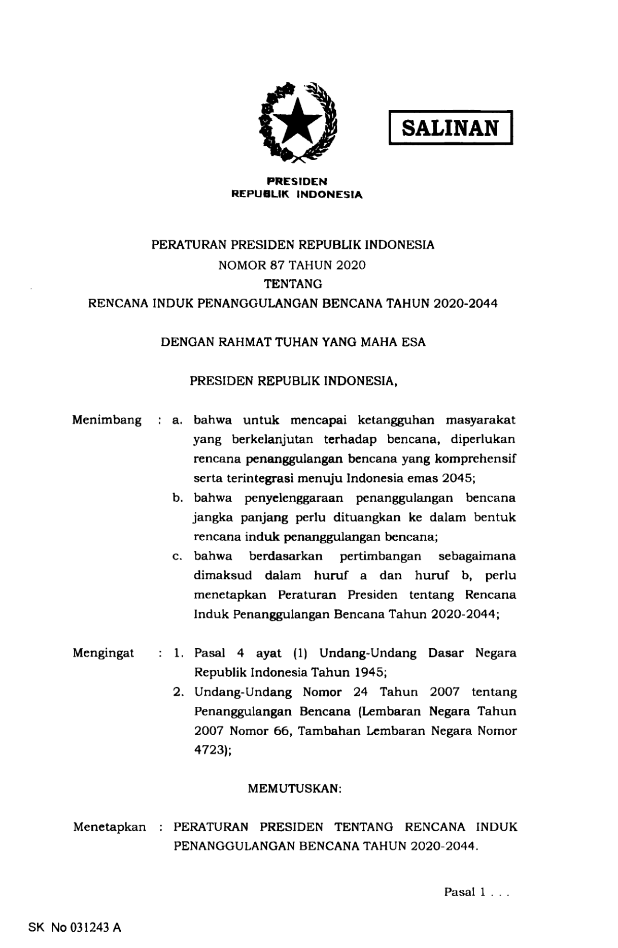 Peraturan Presiden Nomor 87 Tahun 2020