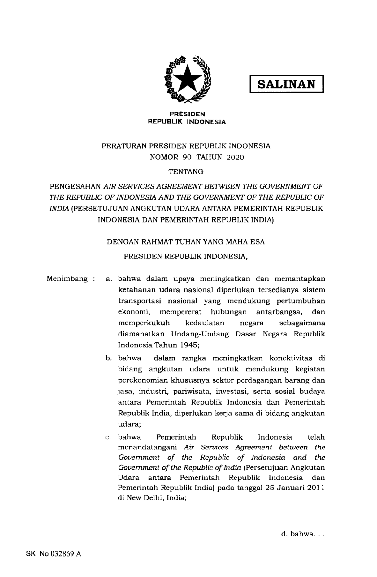 Peraturan Presiden Nomor 90 Tahun 2020