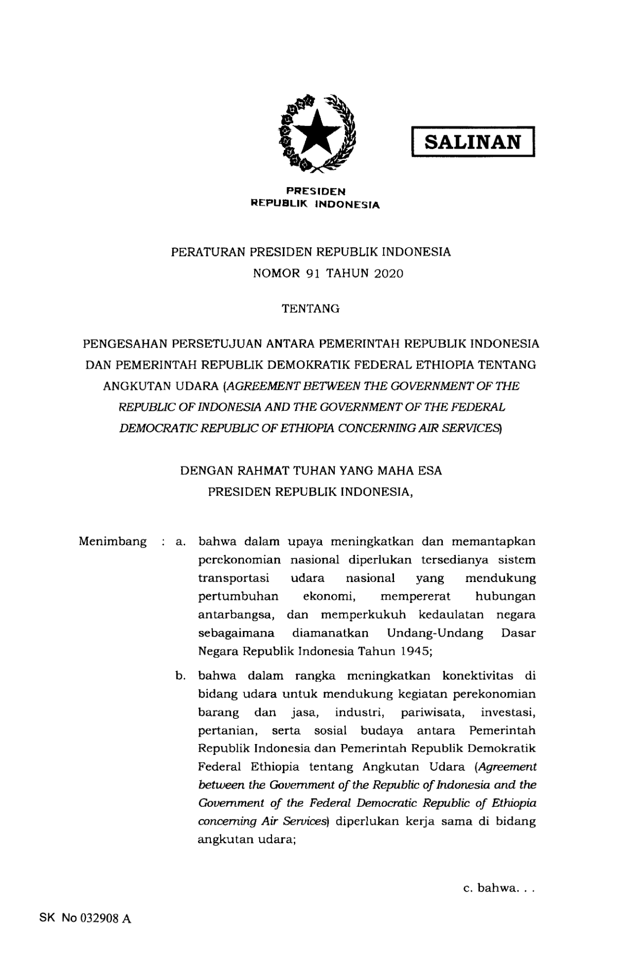 Peraturan Presiden Nomor 91 Tahun 2020