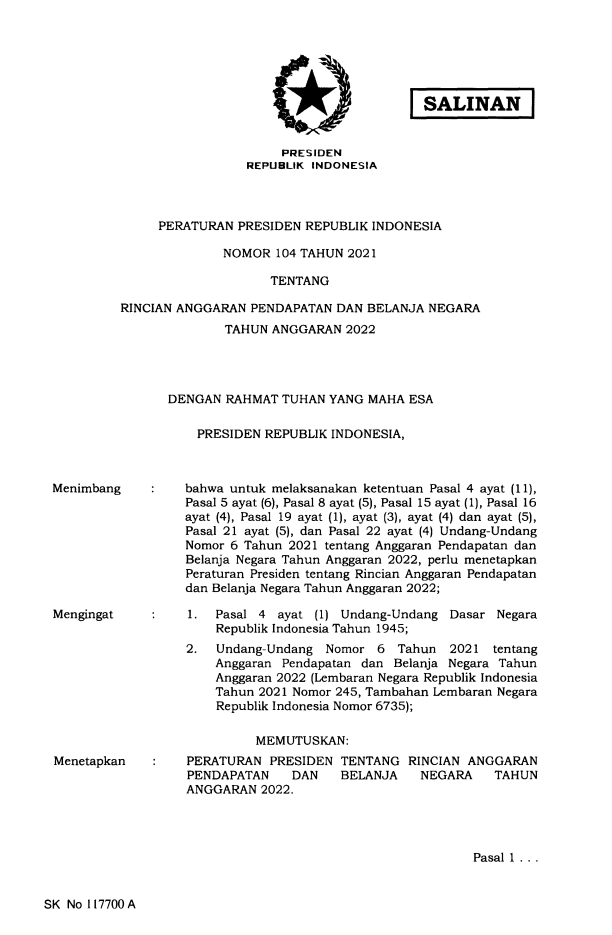 Peraturan Presiden Nomor 104 Tahun 2021