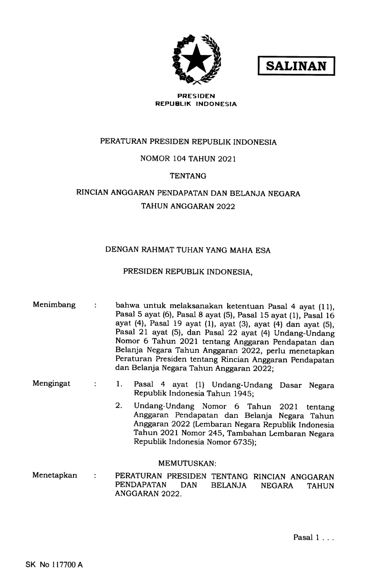 Peraturan Presiden Nomor 104 Tahun 2021