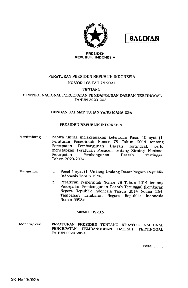 Peraturan Presiden Nomor 105 Tahun 2021