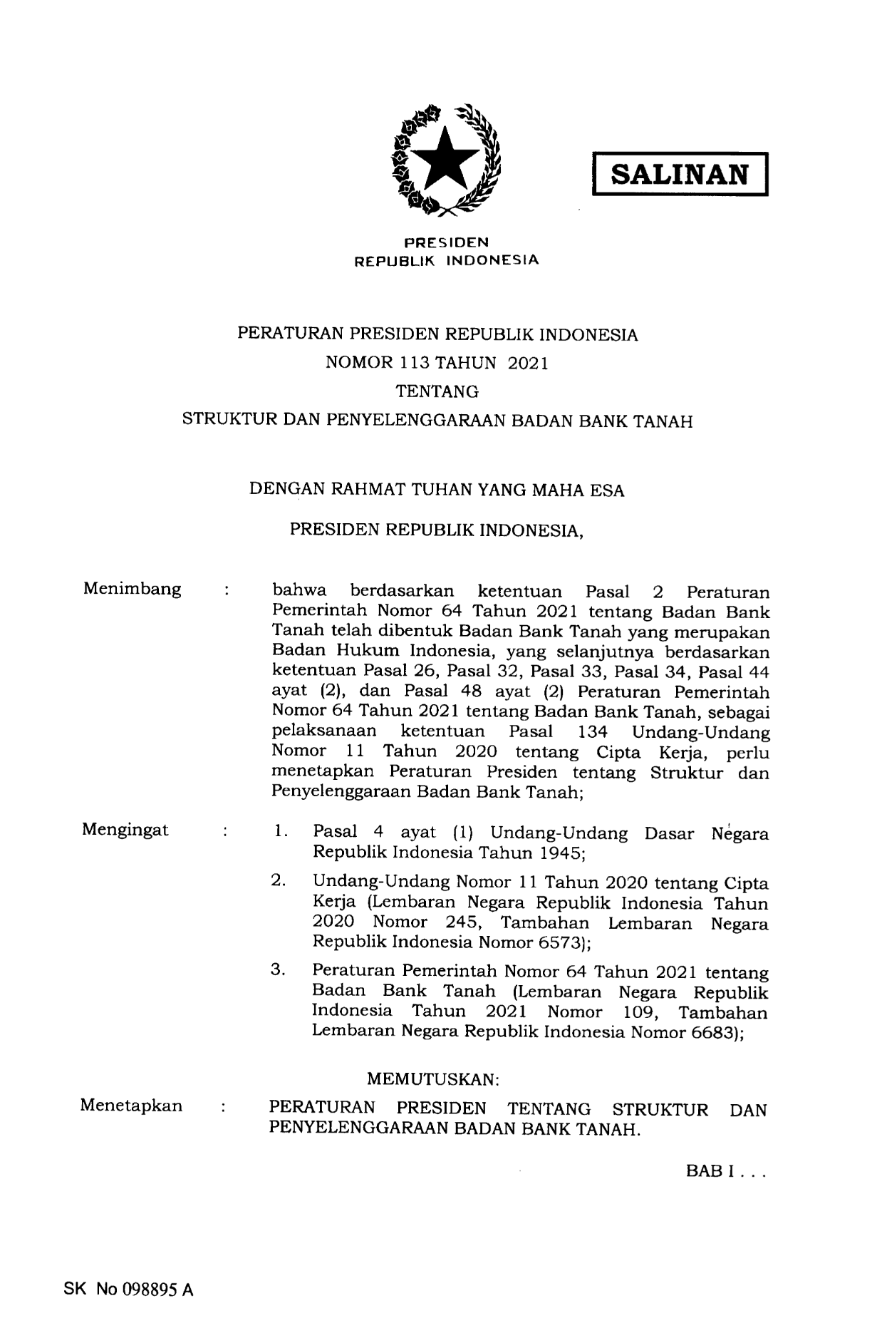 Peraturan Presiden Nomor 113 Tahun 2021