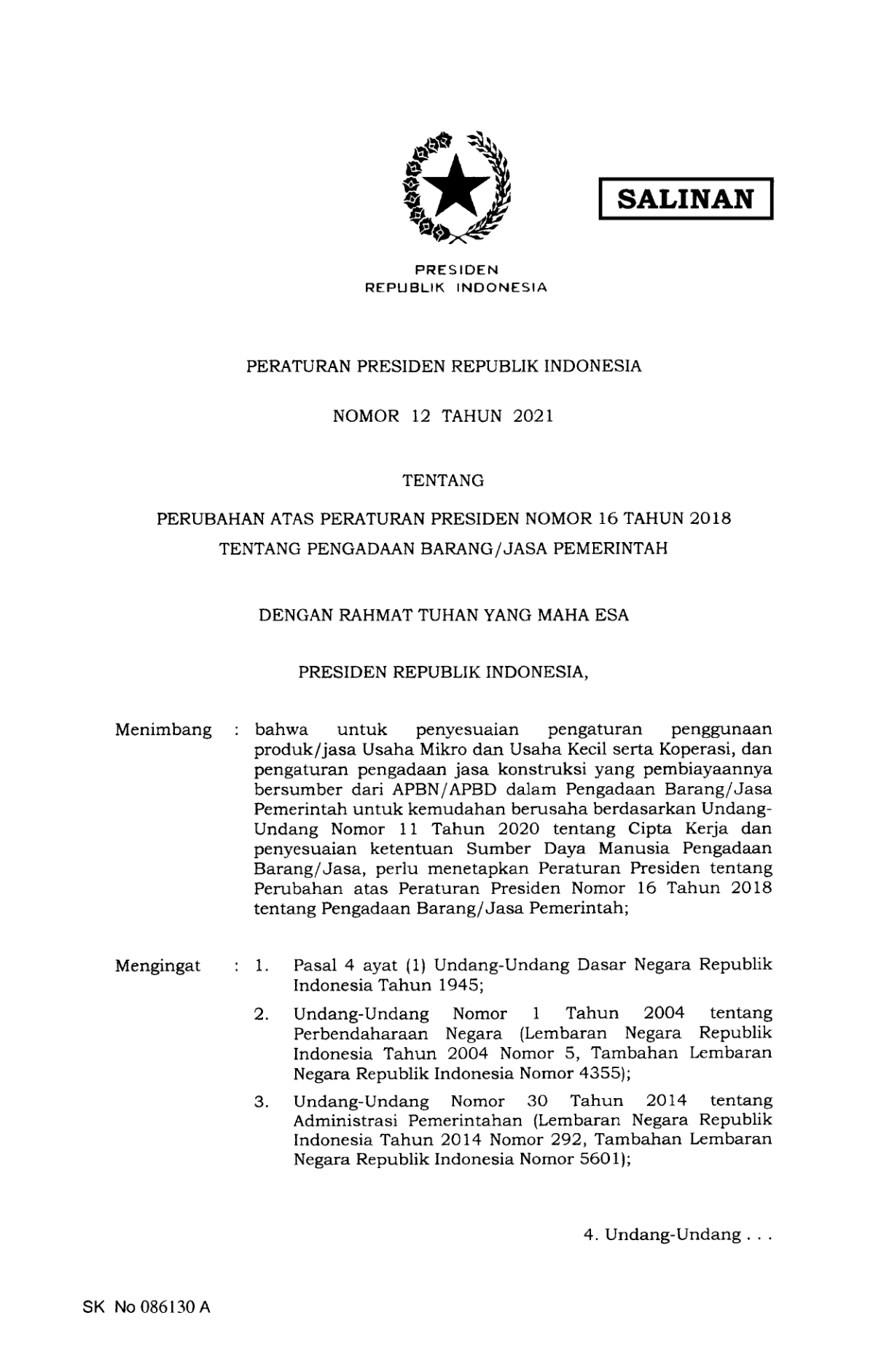 Peraturan Presiden Nomor 12 Tahun 2021