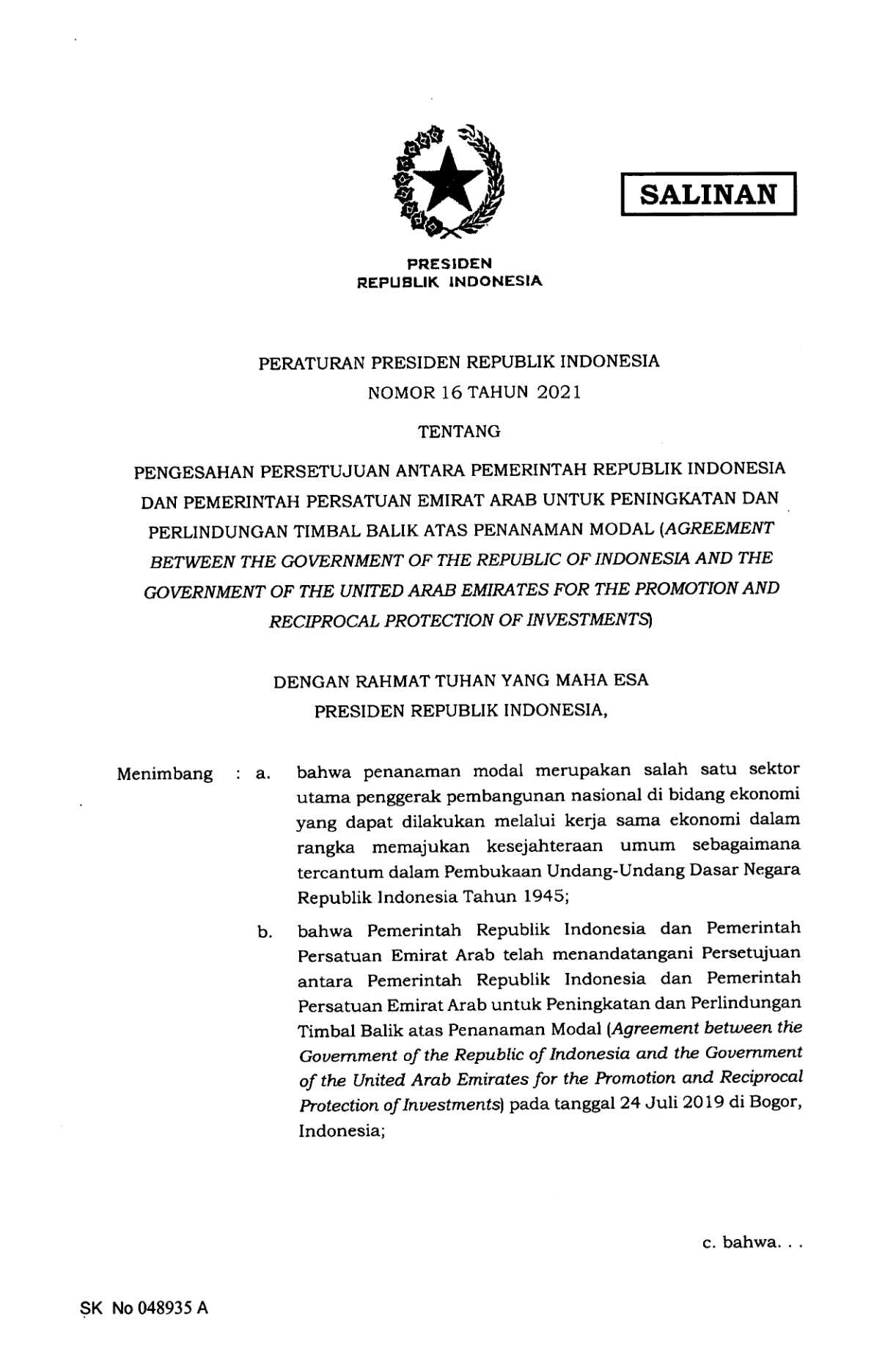 Peraturan Presiden Nomor 16 Tahun 2021