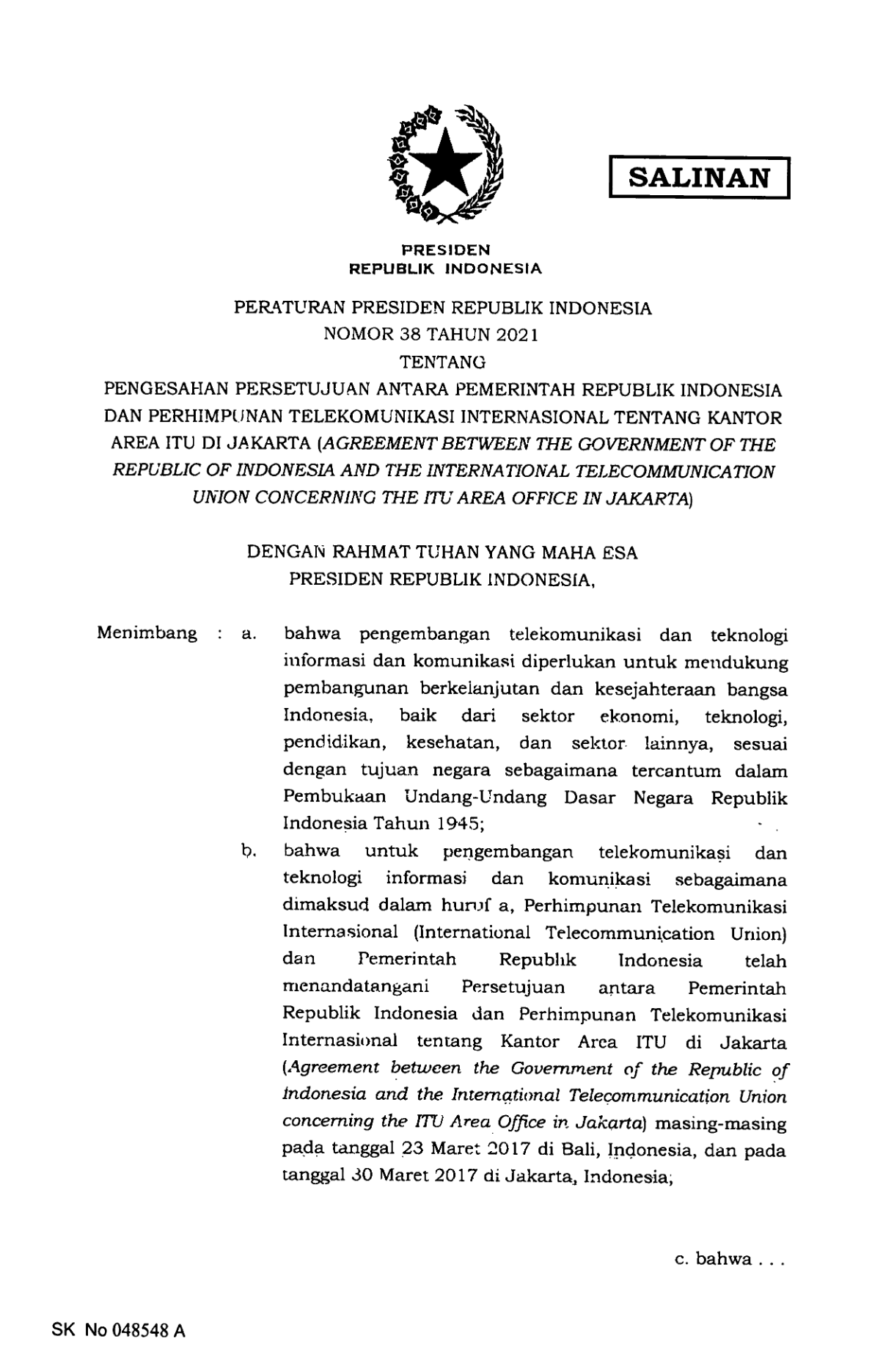 Peraturan Presiden Nomor 38 Tahun 2021