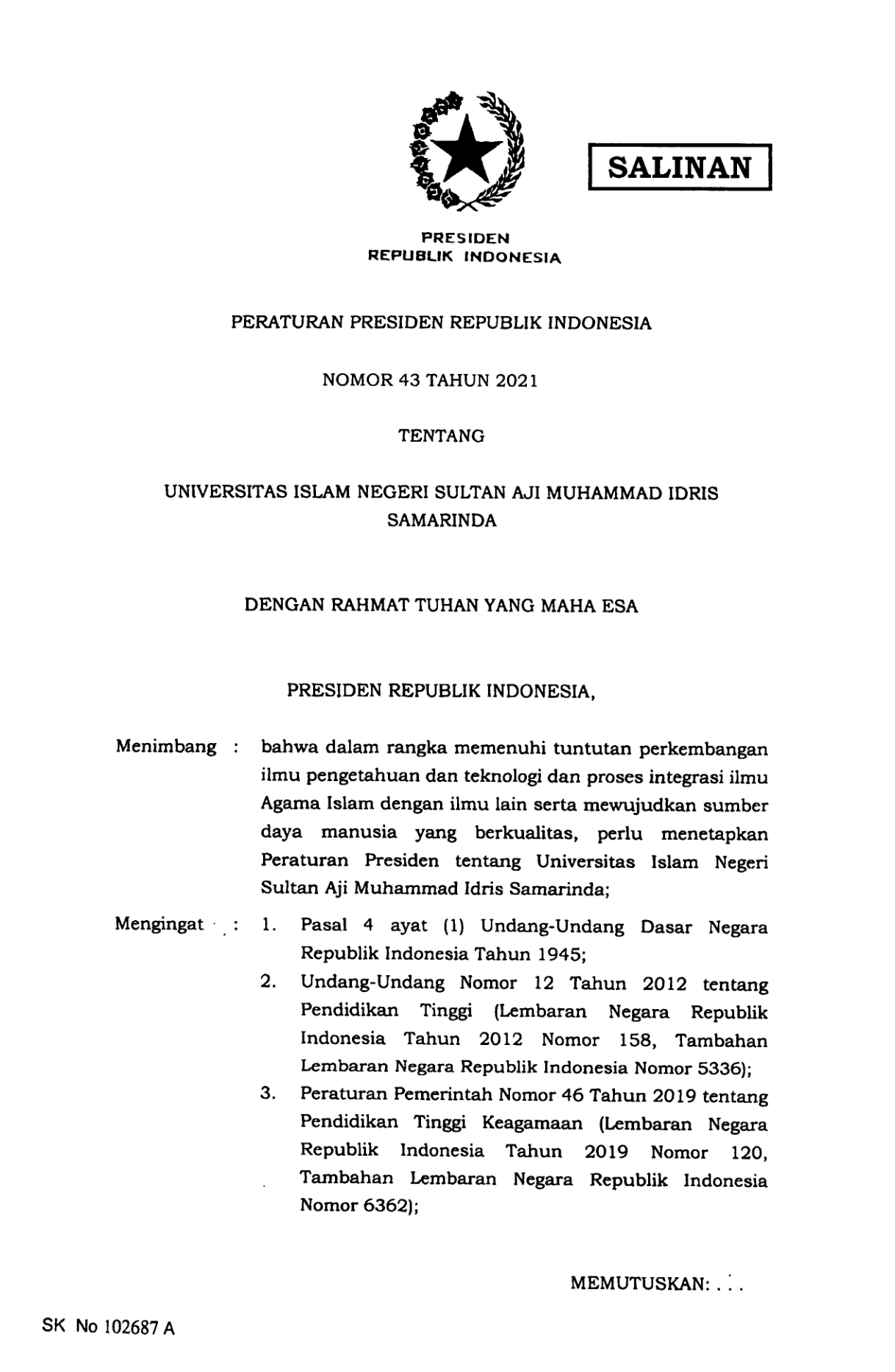 Peraturan Presiden Nomor 43 Tahun 2021