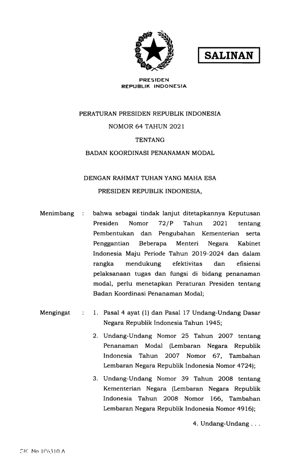Peraturan Presiden Nomor 64 Tahun 2021