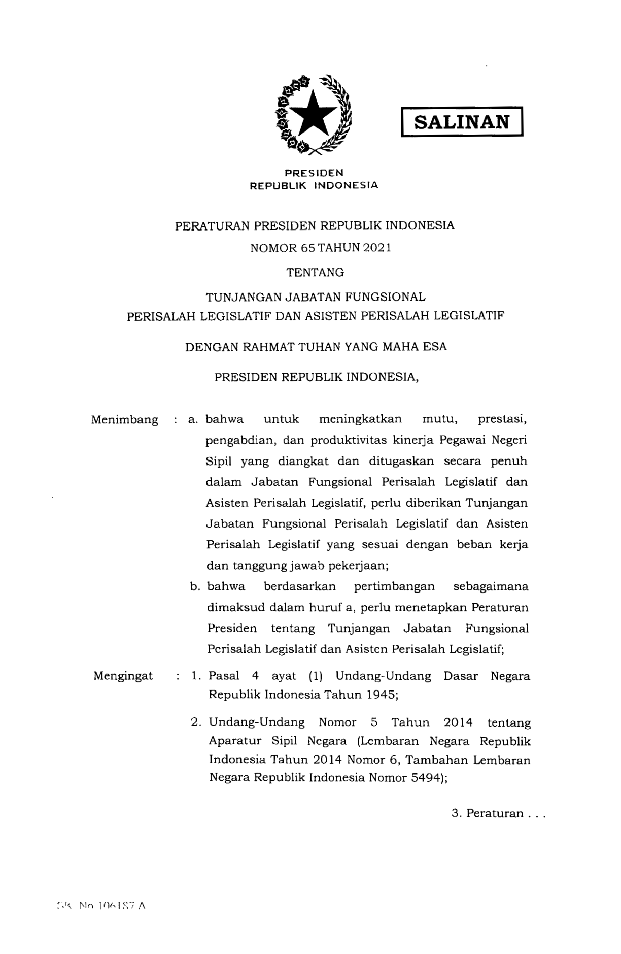 Peraturan Presiden Nomor 65 Tahun 2021