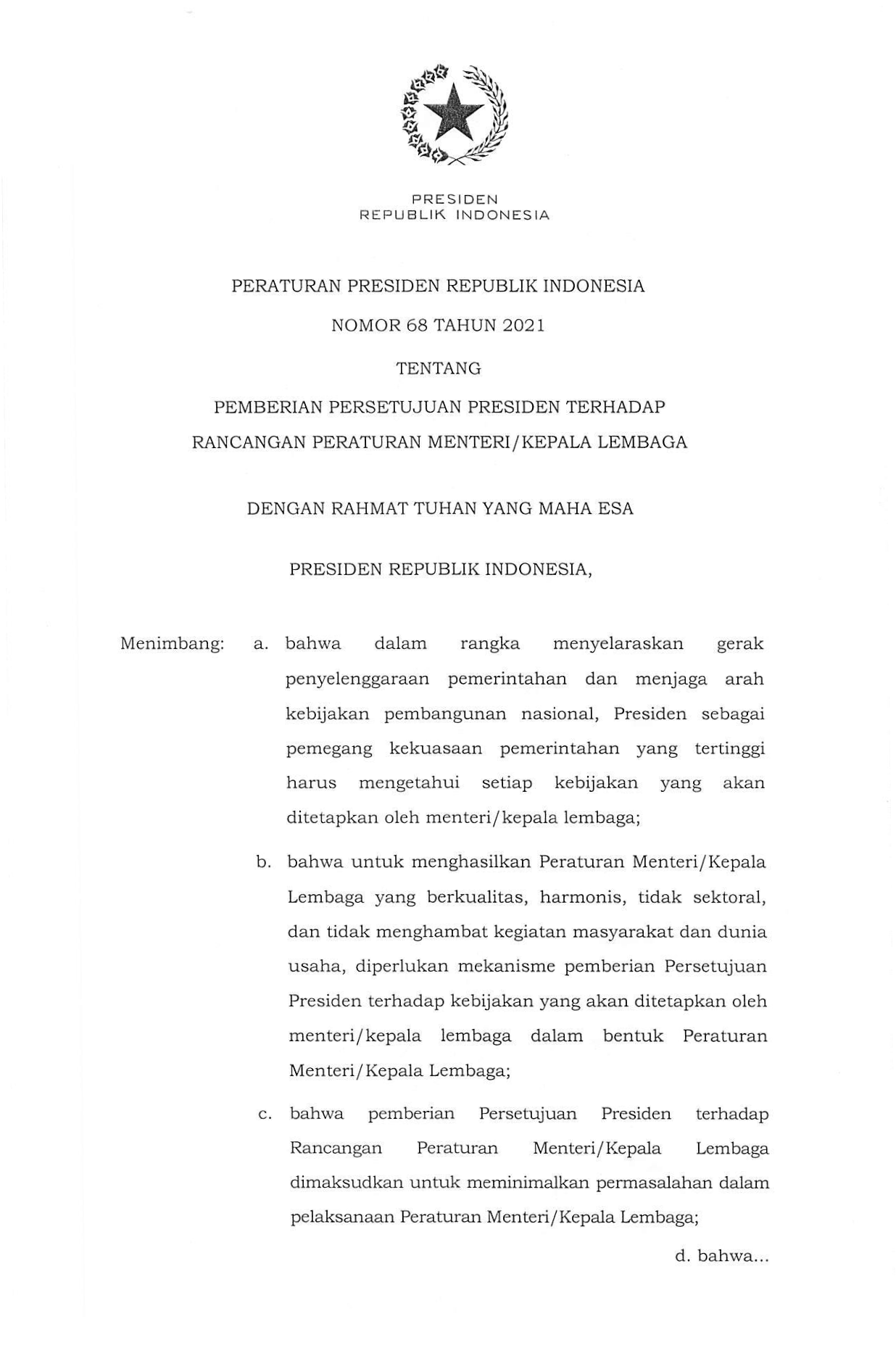 Peraturan Presiden Nomor 68 Tahun 2021