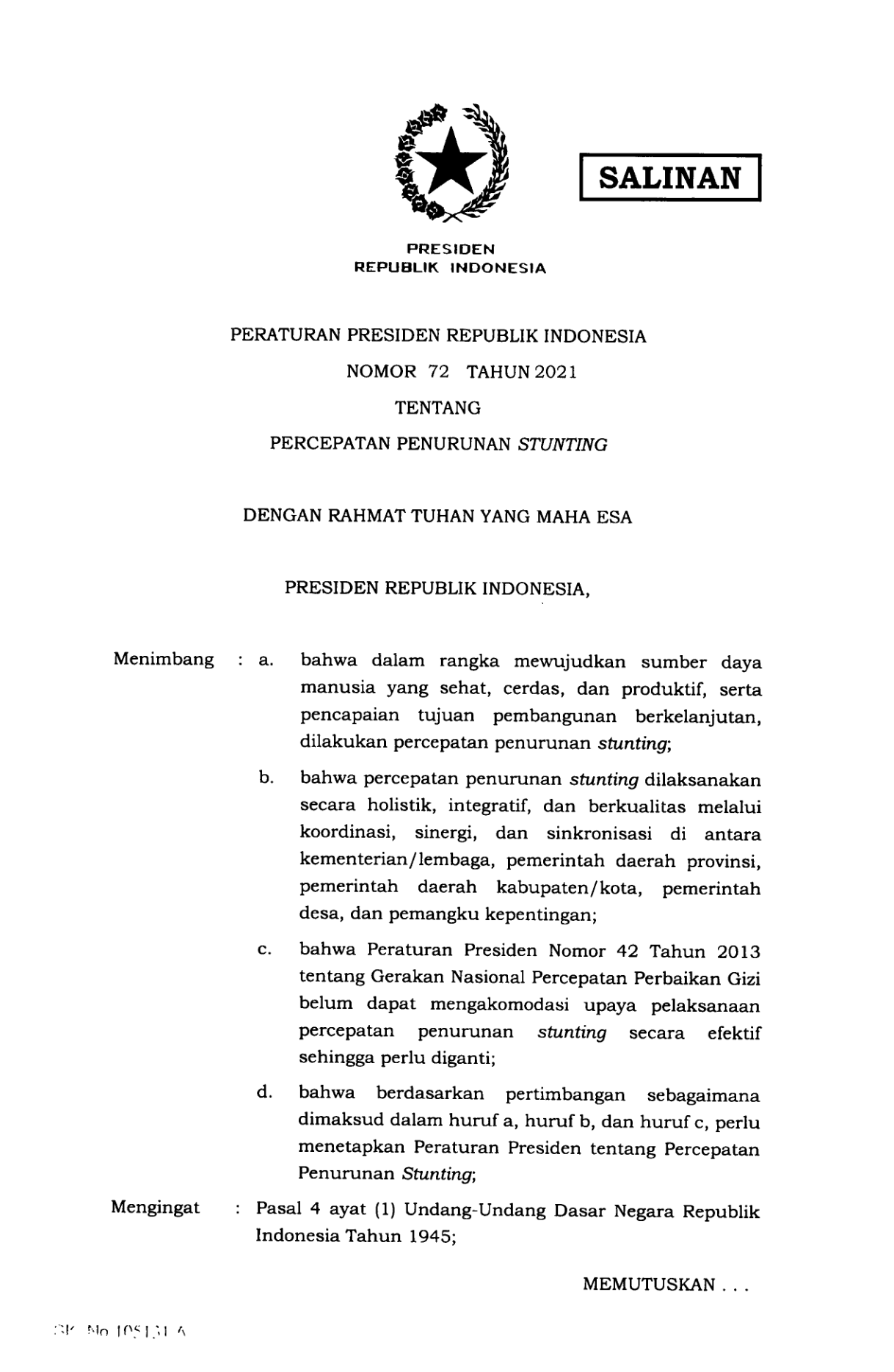 Peraturan Presiden Nomor 72 Tahun 2021