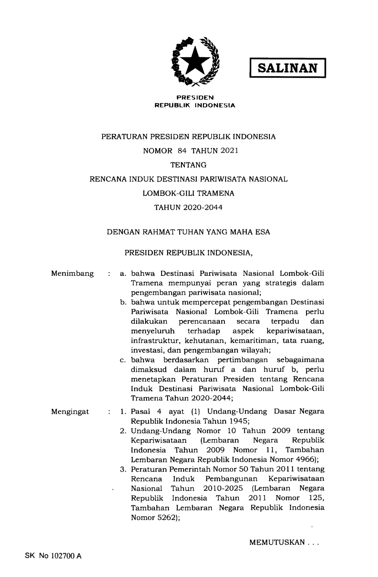 Peraturan Presiden Nomor 84 Tahun 2021