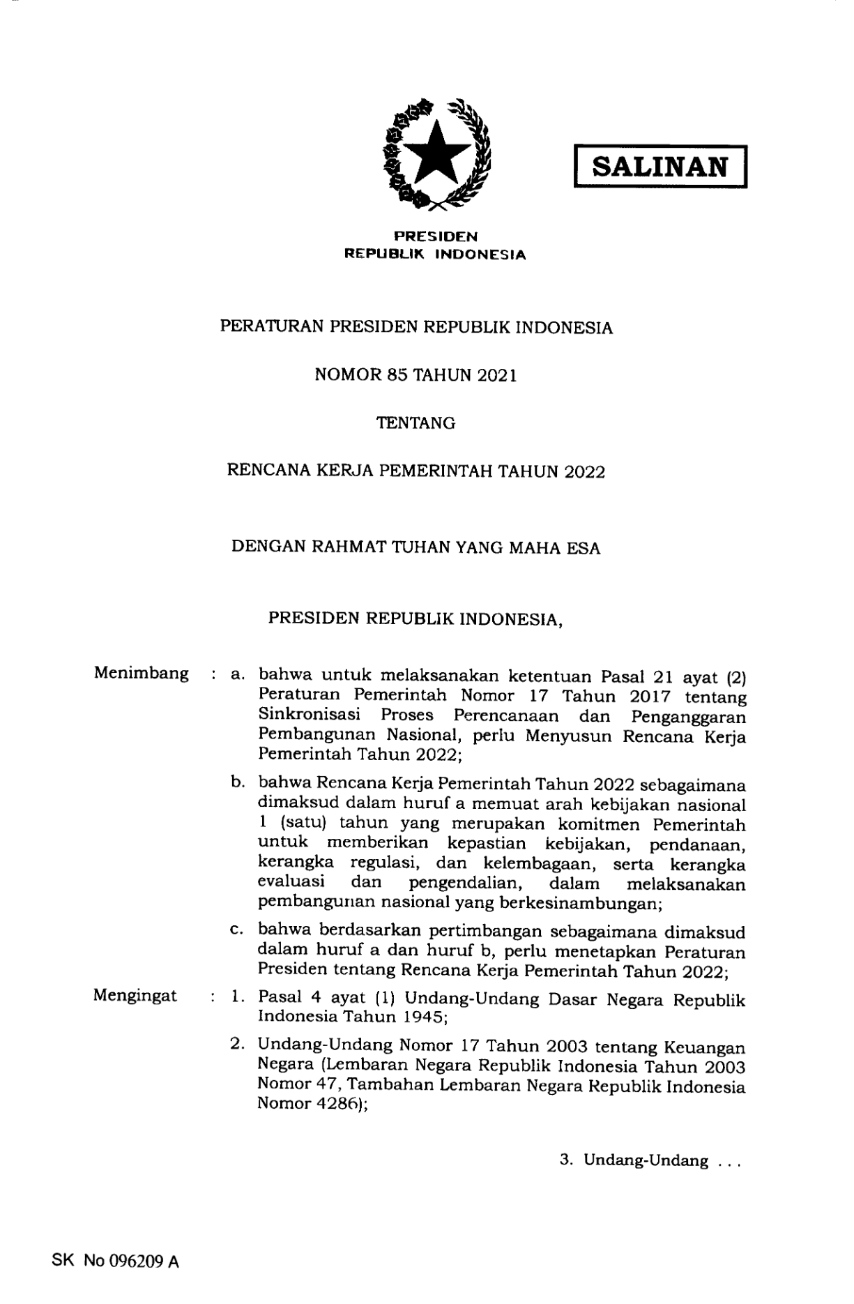 Peraturan Presiden Nomor 85 Tahun 2021