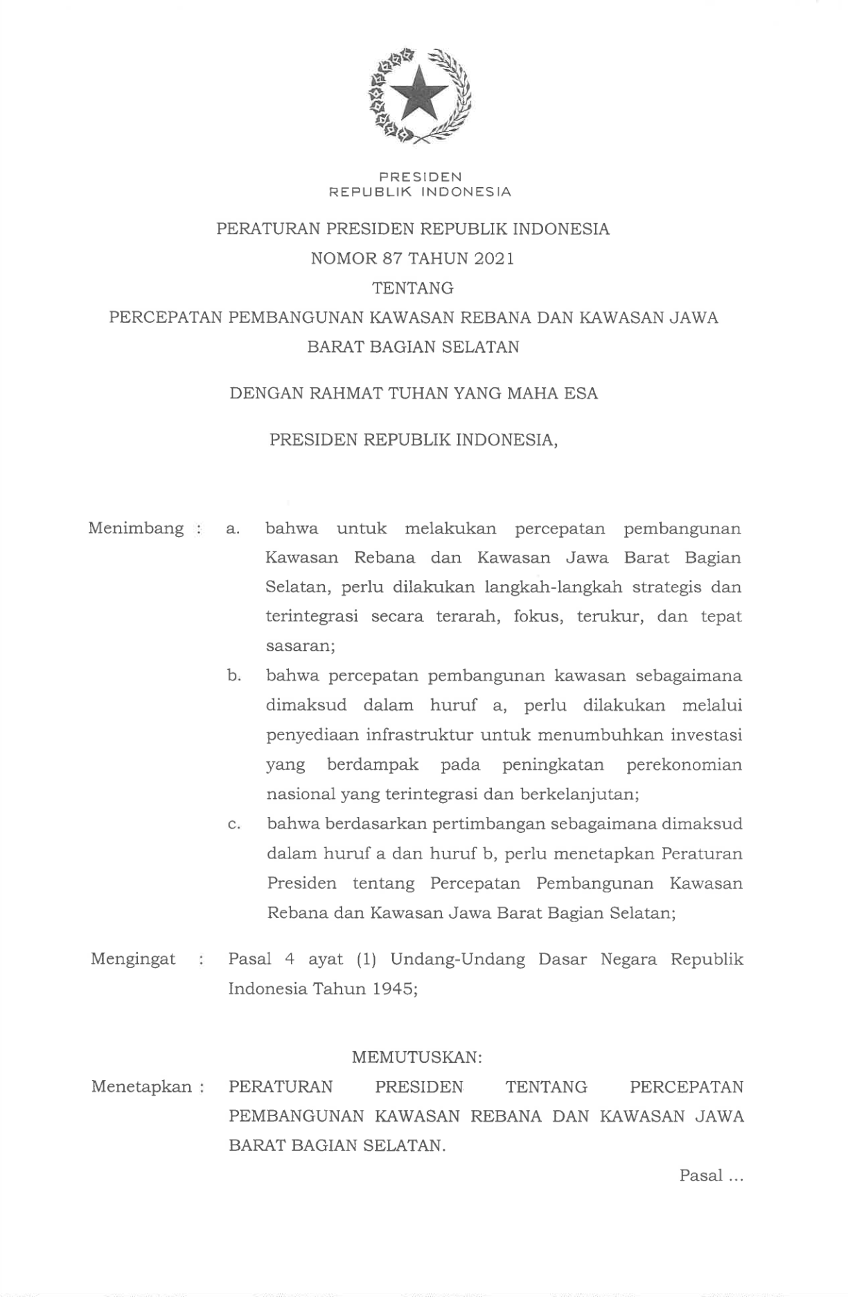 Peraturan Presiden Nomor 87 Tahun 2021