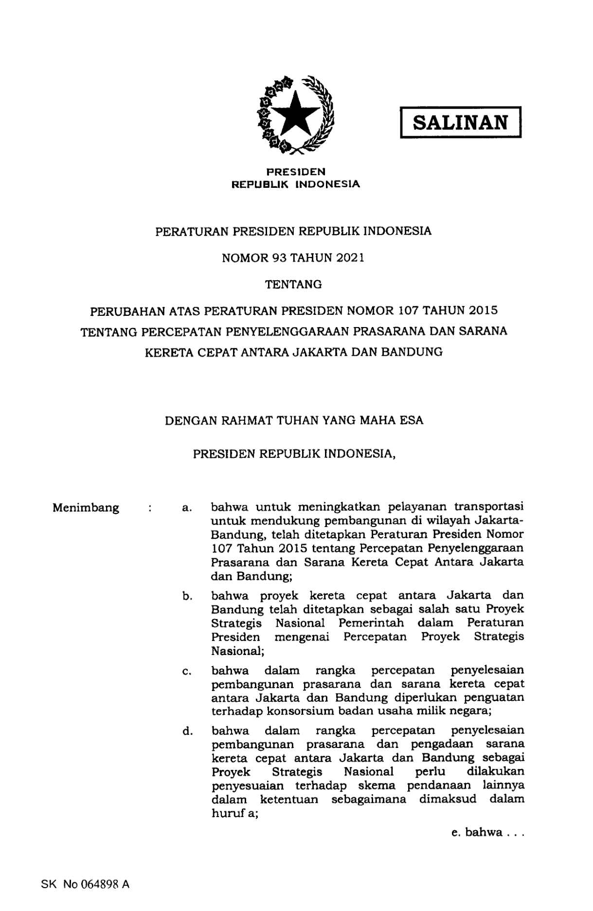 Peraturan Presiden Nomor 93 Tahun 2021