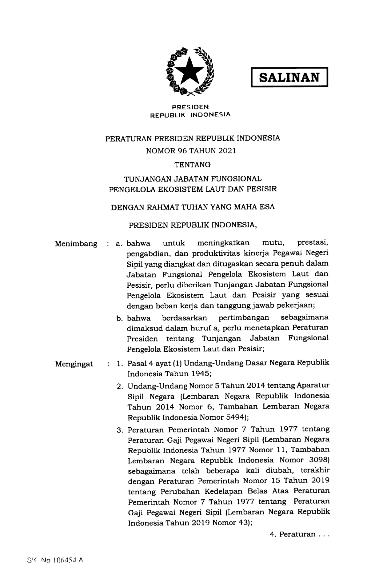Peraturan Presiden Nomor 96 Tahun 2021