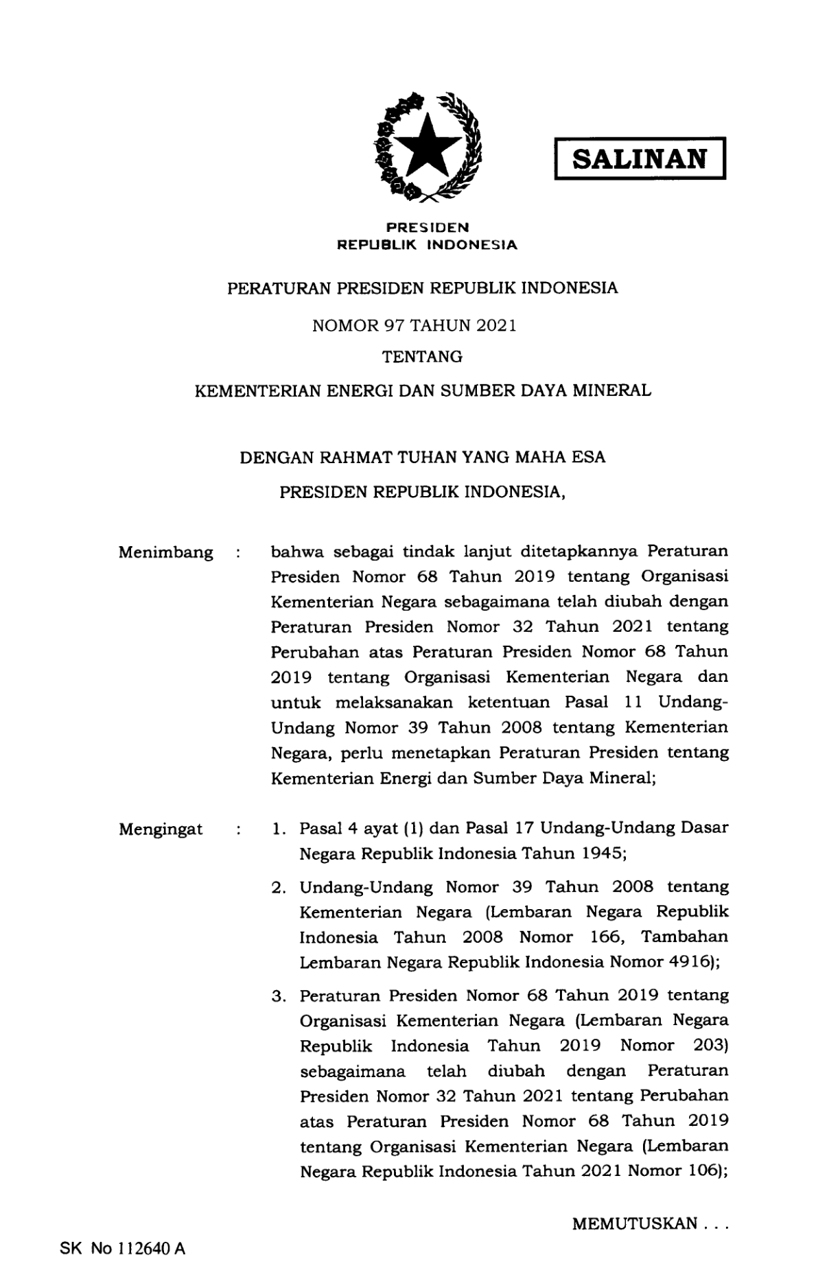 Peraturan Presiden Nomor 97 Tahun 2021