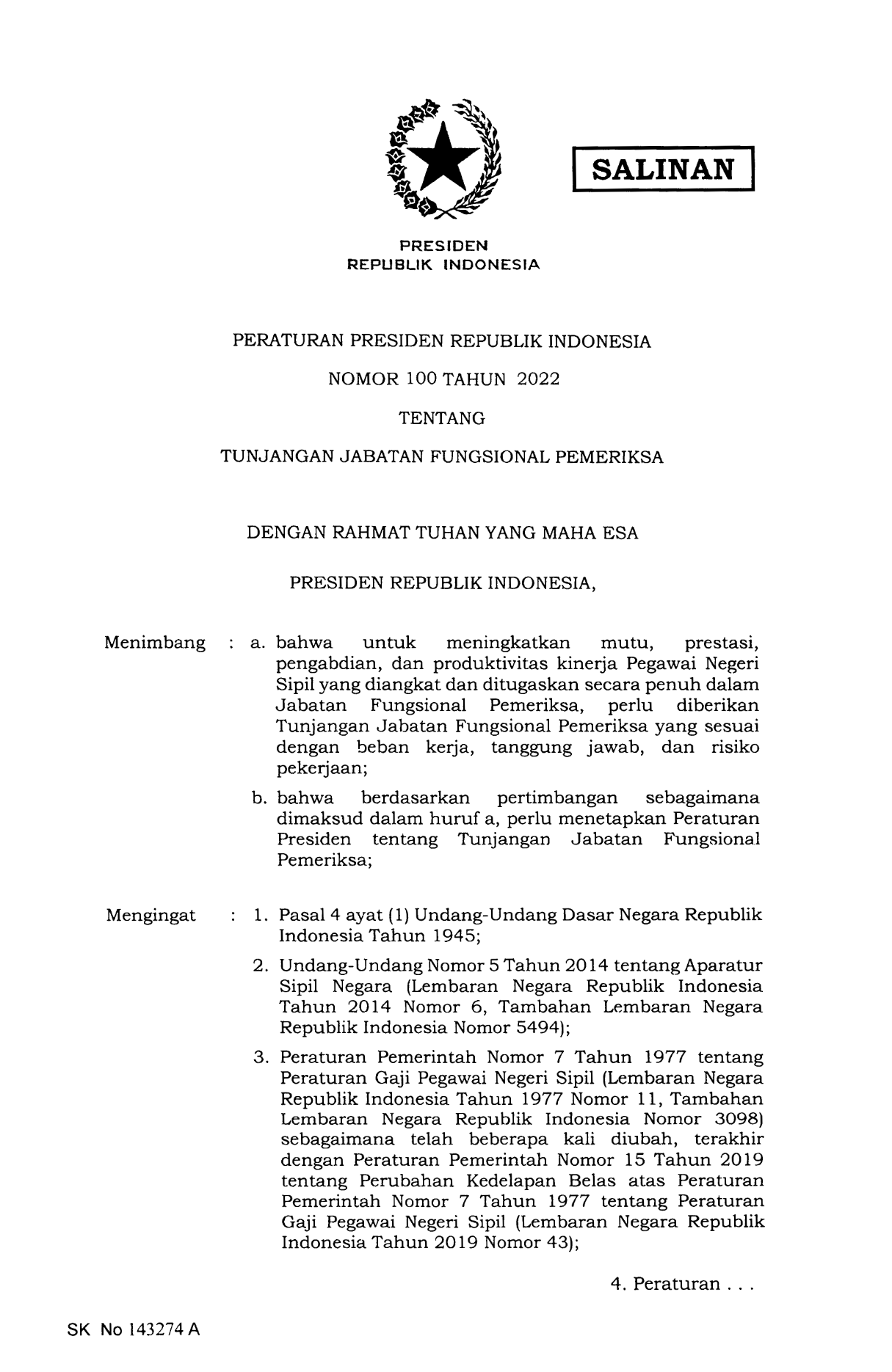 Peraturan Presiden Nomor 100 Tahun 2022