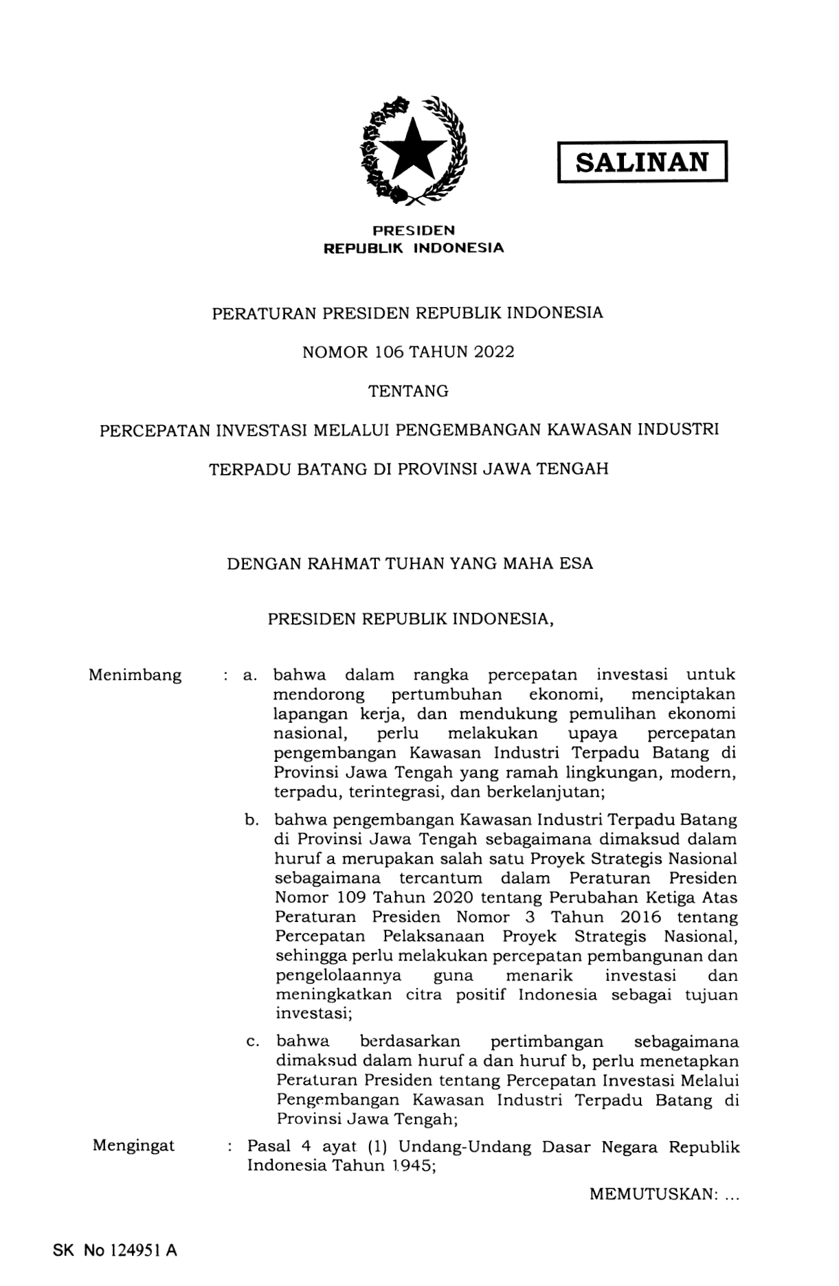 Peraturan Presiden Nomor 106 Tahun 2022