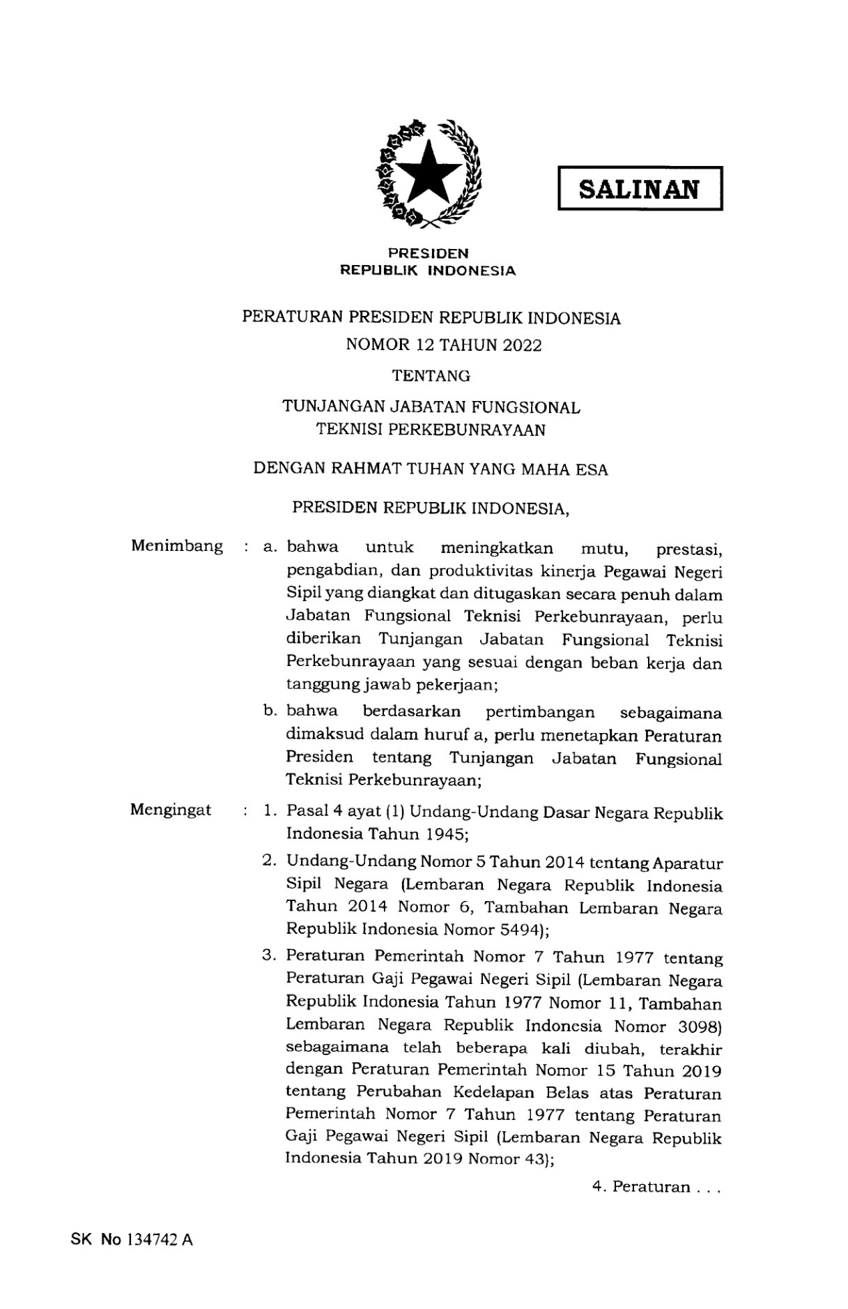 Peraturan Presiden Nomor 12 Tahun 2022