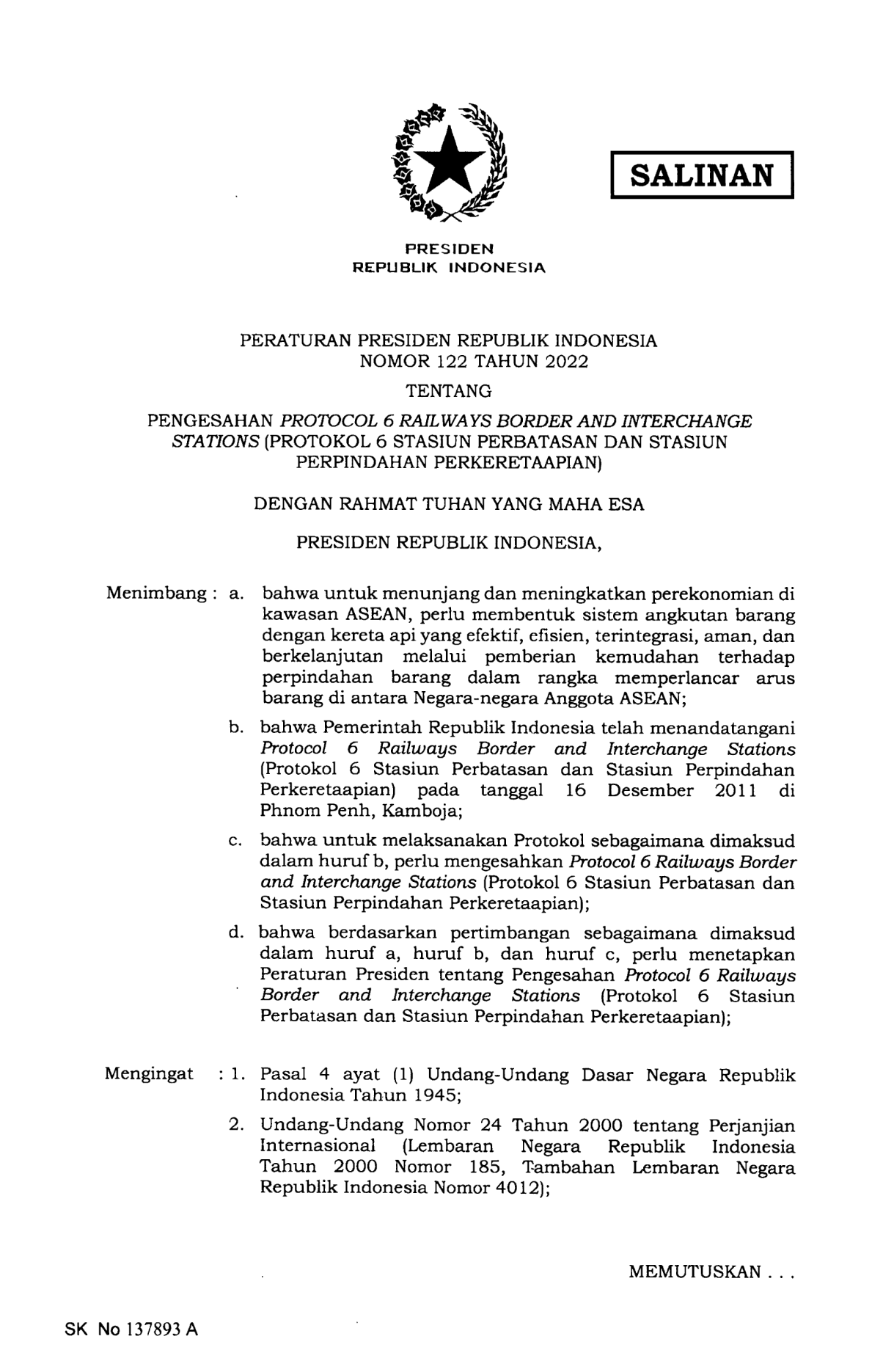 Peraturan Presiden Nomor 122 Tahun 2022