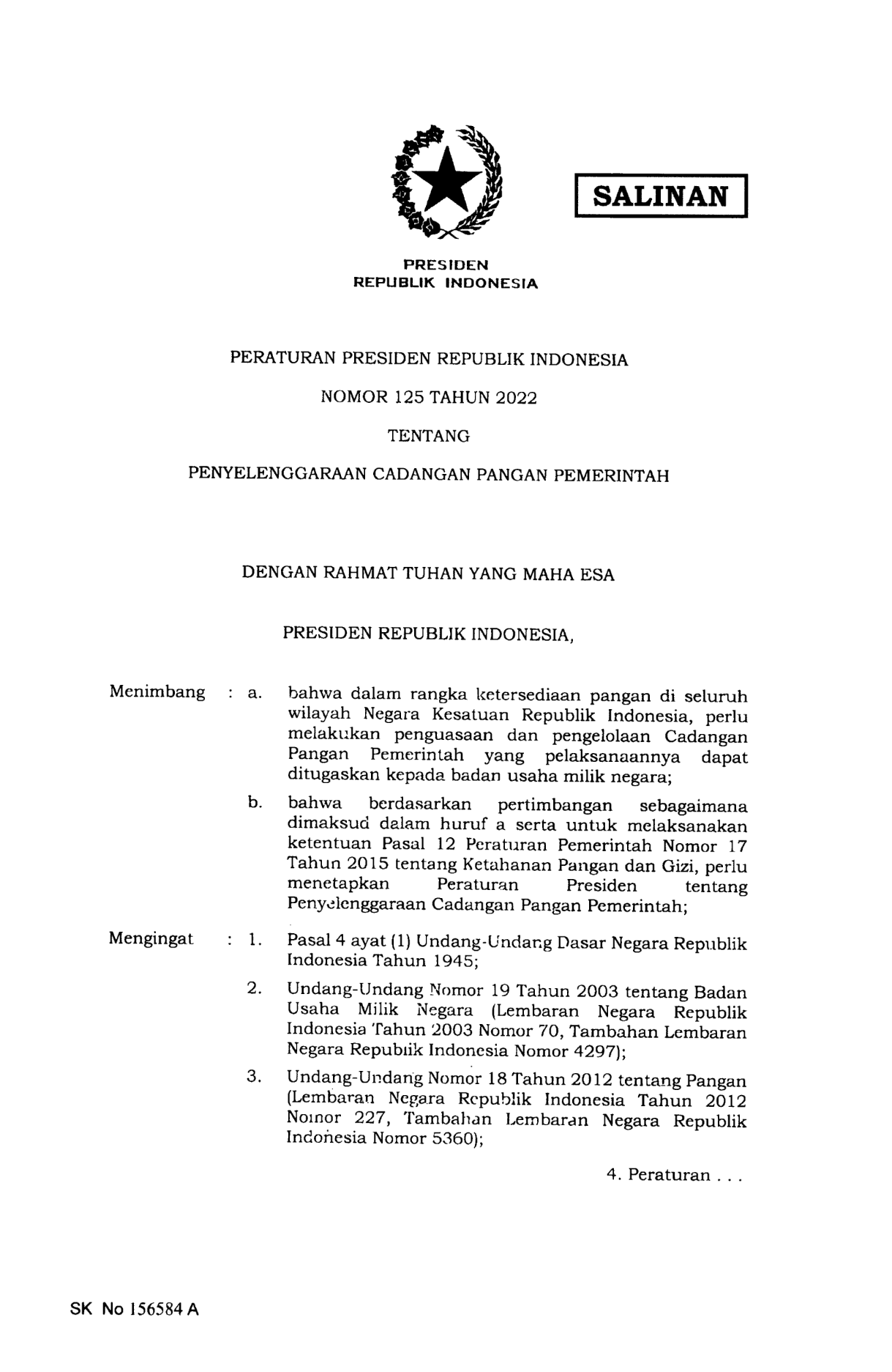 Peraturan Presiden Nomor 125 Tahun 2022