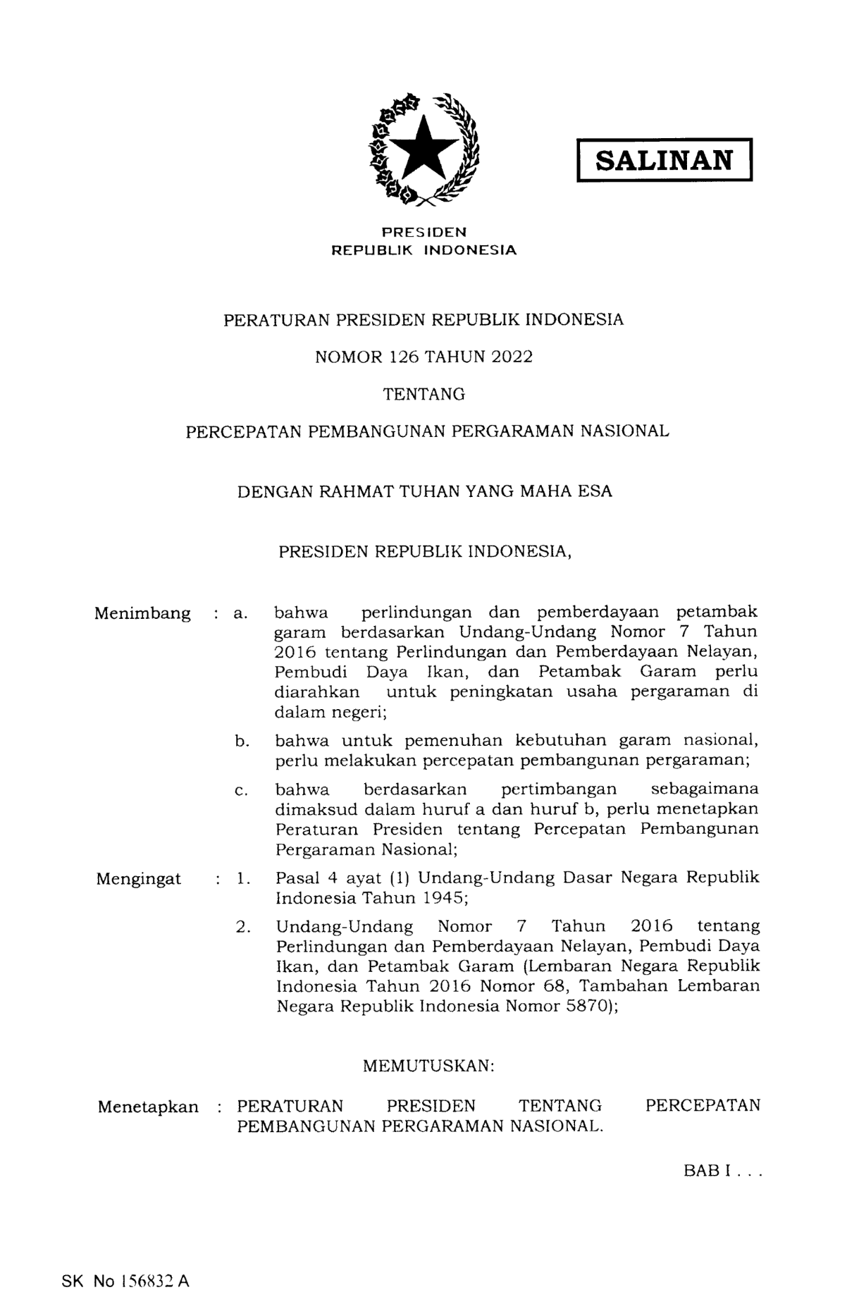 Peraturan Presiden Nomor 126 Tahun 2022