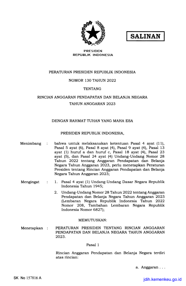 Peraturan Presiden Nomor 130 Tahun 2022