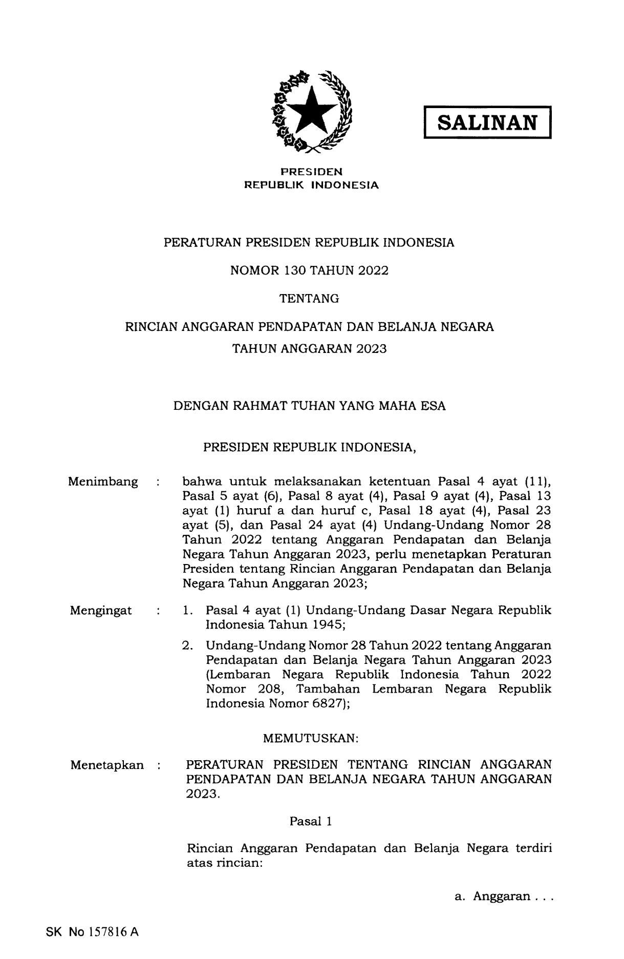 Peraturan Presiden Nomor 130 Tahun 2022