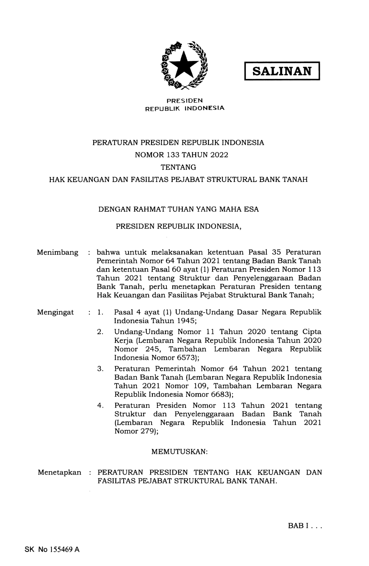 Peraturan Presiden Nomor 133 Tahun 2022