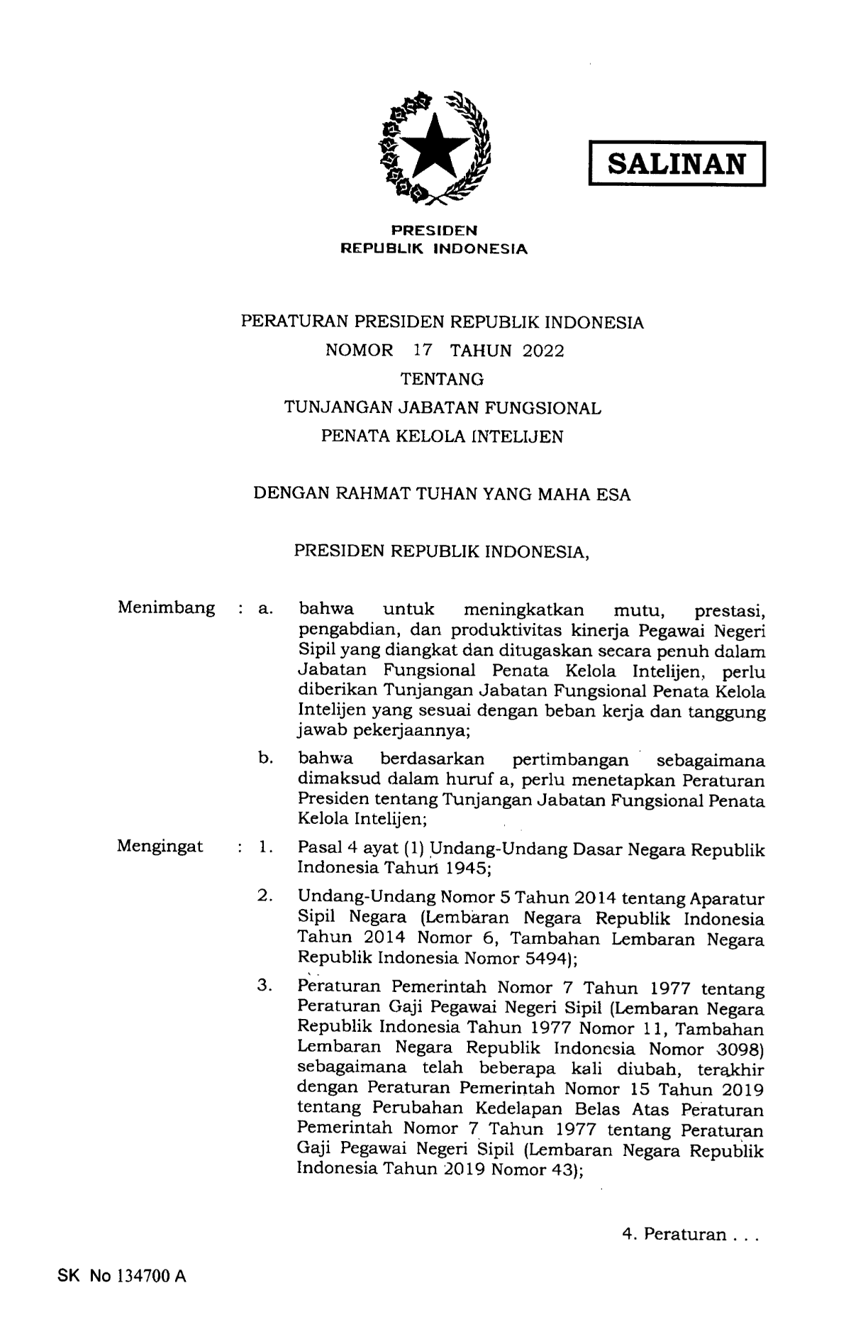 Peraturan Presiden Nomor 17 Tahun 2022