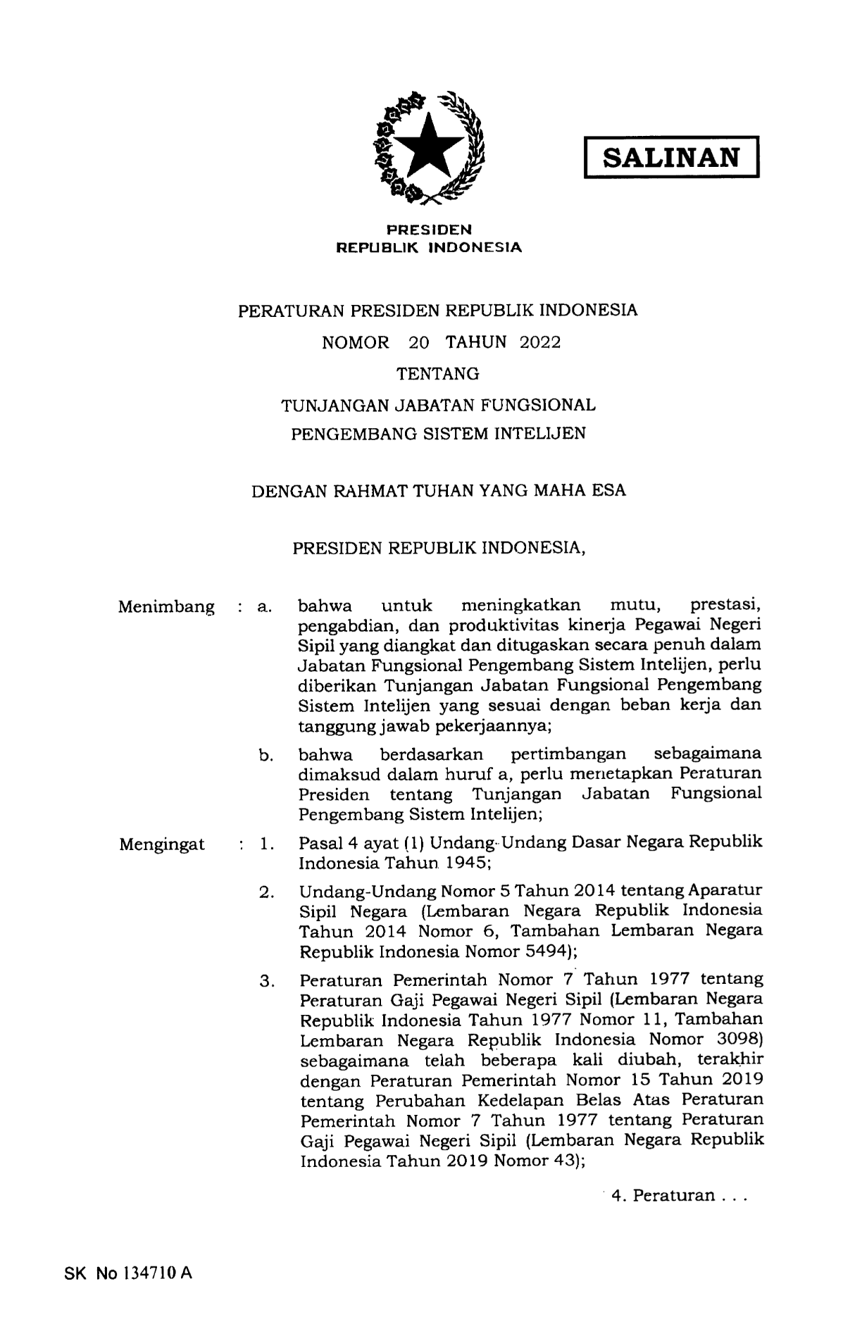 Peraturan Presiden Nomor 20 Tahun 2022