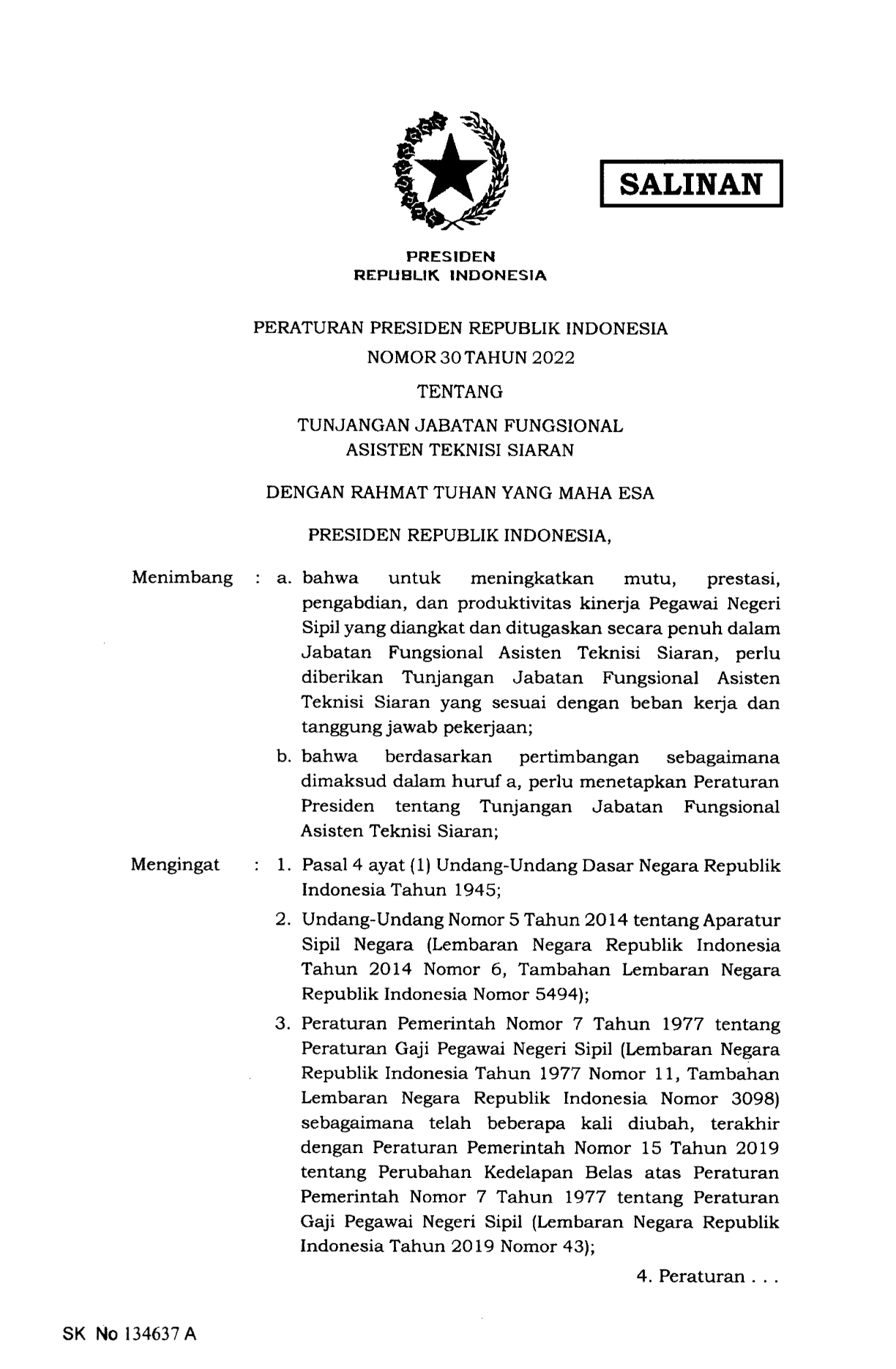 Peraturan Presiden Nomor 30 Tahun 2022