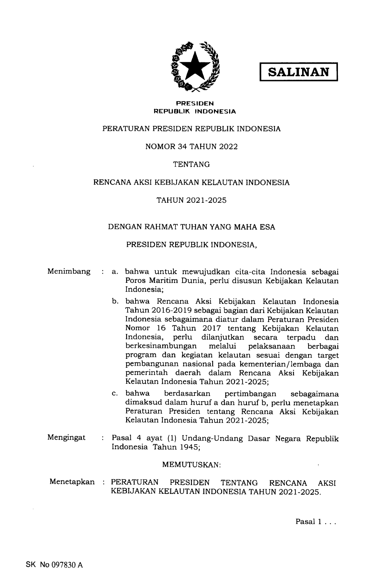 Peraturan Presiden Nomor 34 Tahun 2022