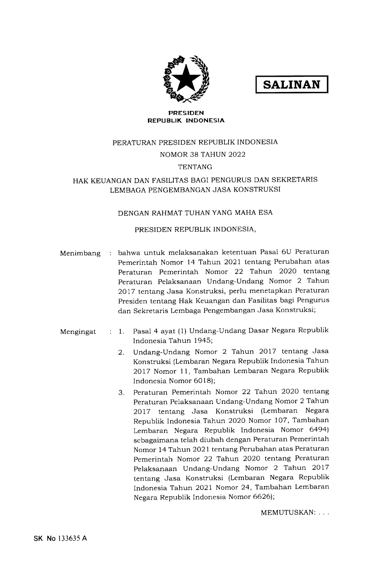 Peraturan Presiden Nomor 38 Tahun 2022