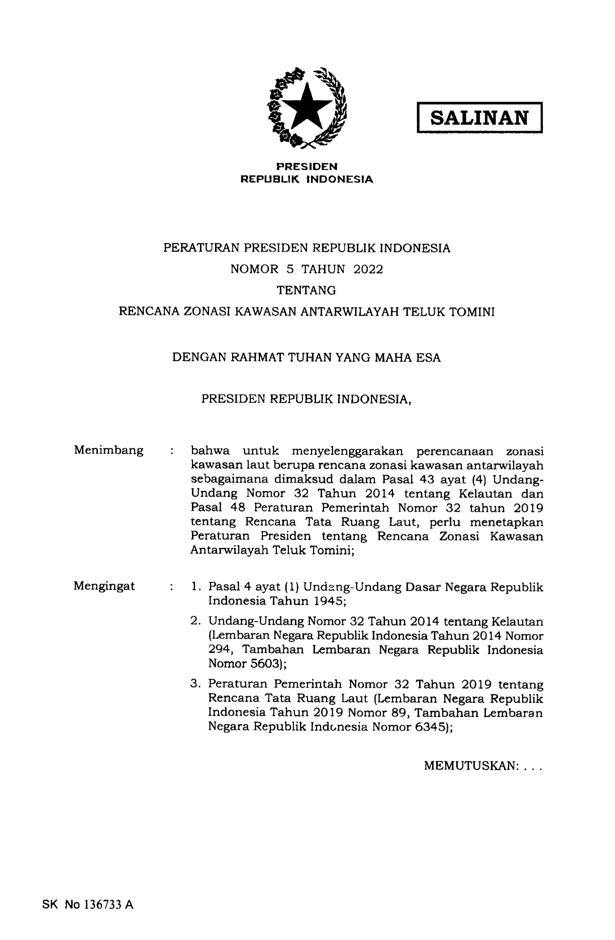 Peraturan Presiden Nomor 5 Tahun 2022