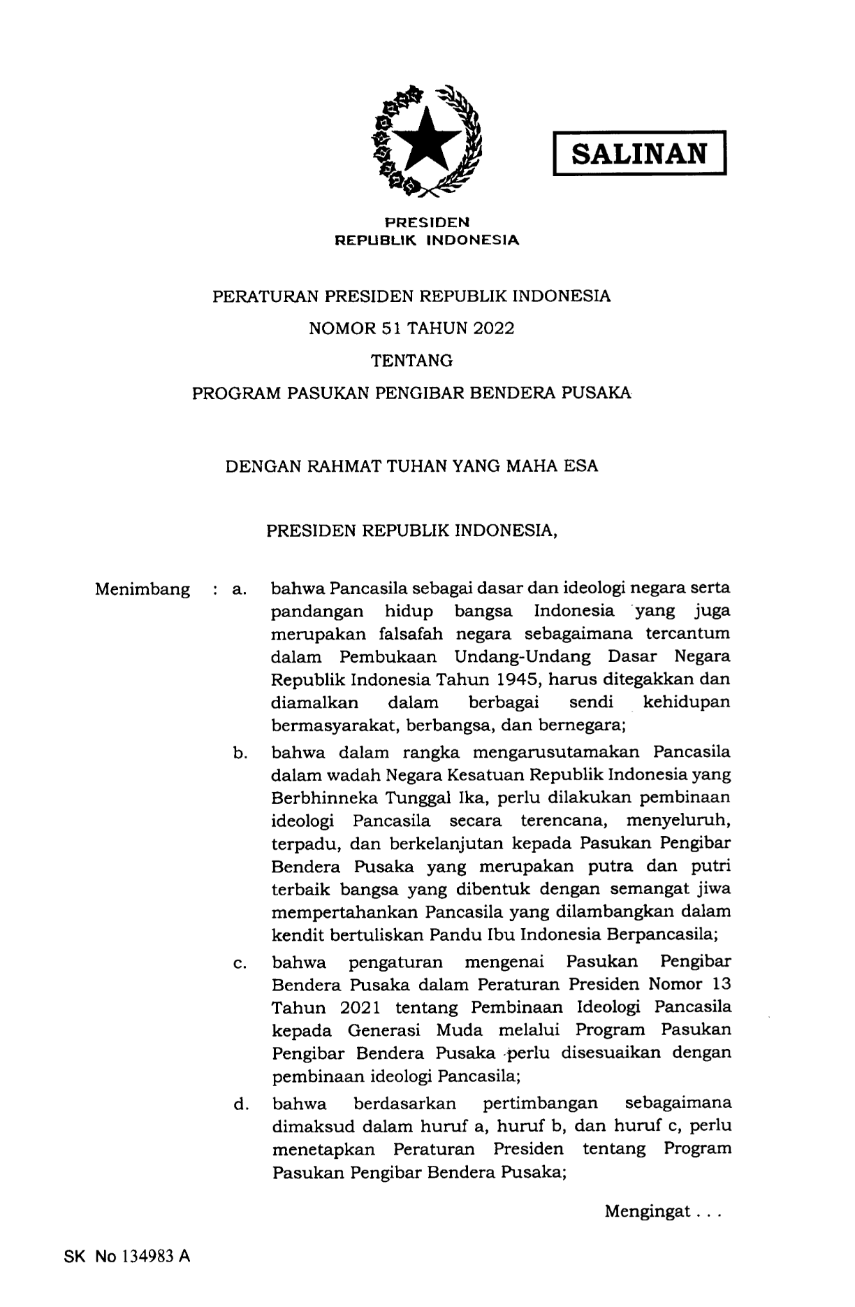 Peraturan Presiden Nomor 51 Tahun 2022