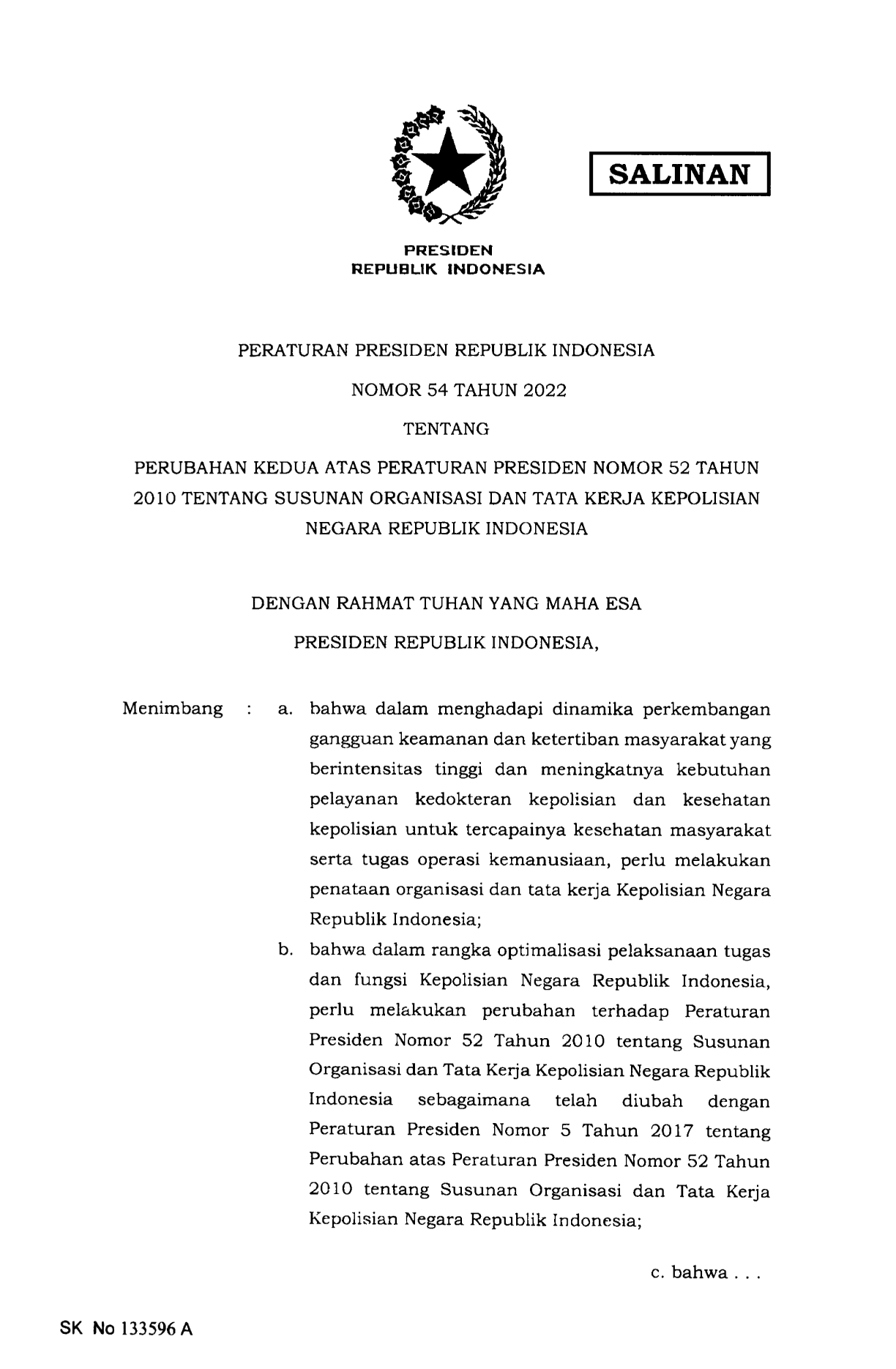 Peraturan Presiden Nomor 54 Tahun 2022