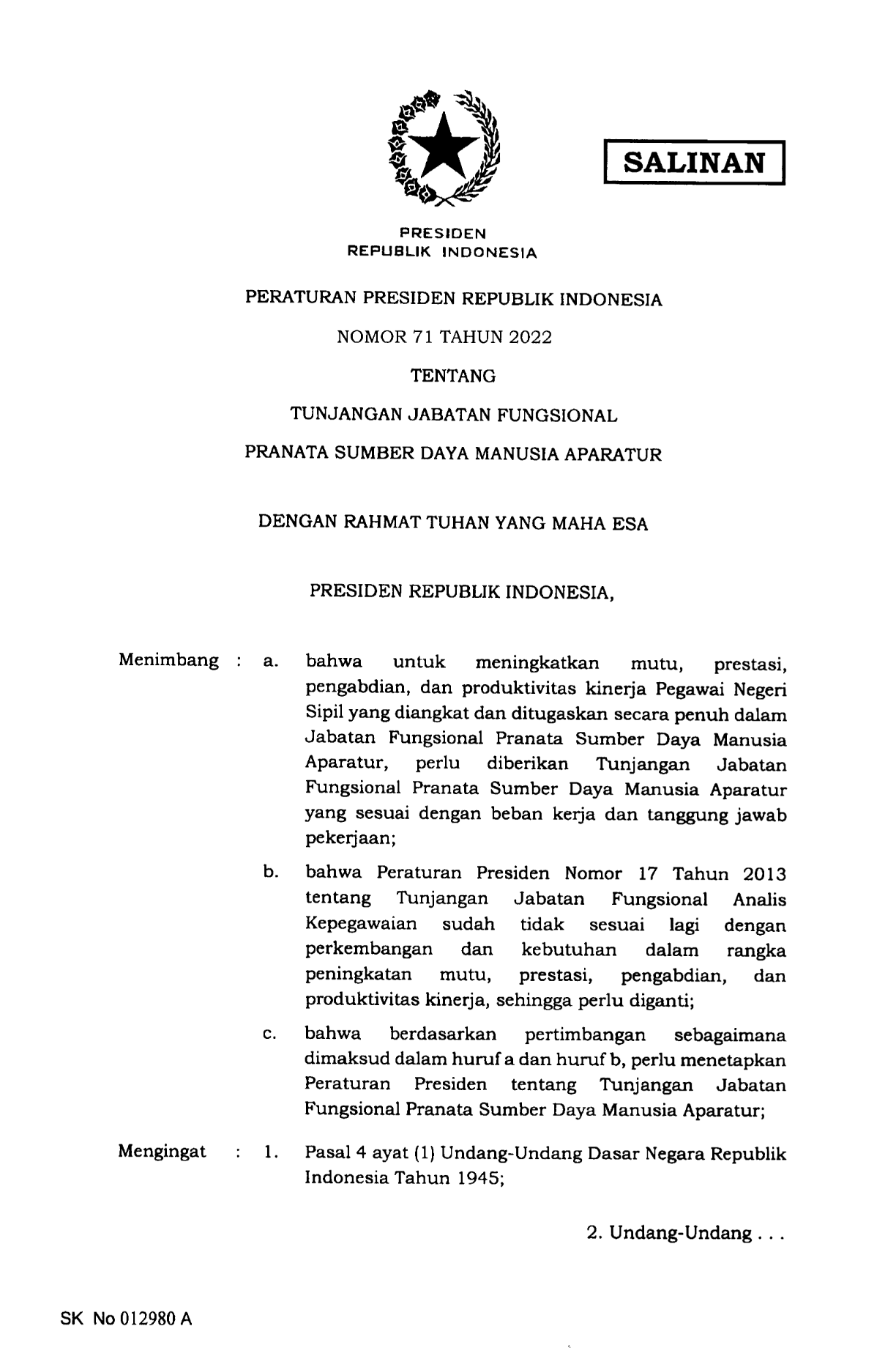 Peraturan Presiden Nomor 71 Tahun 2022