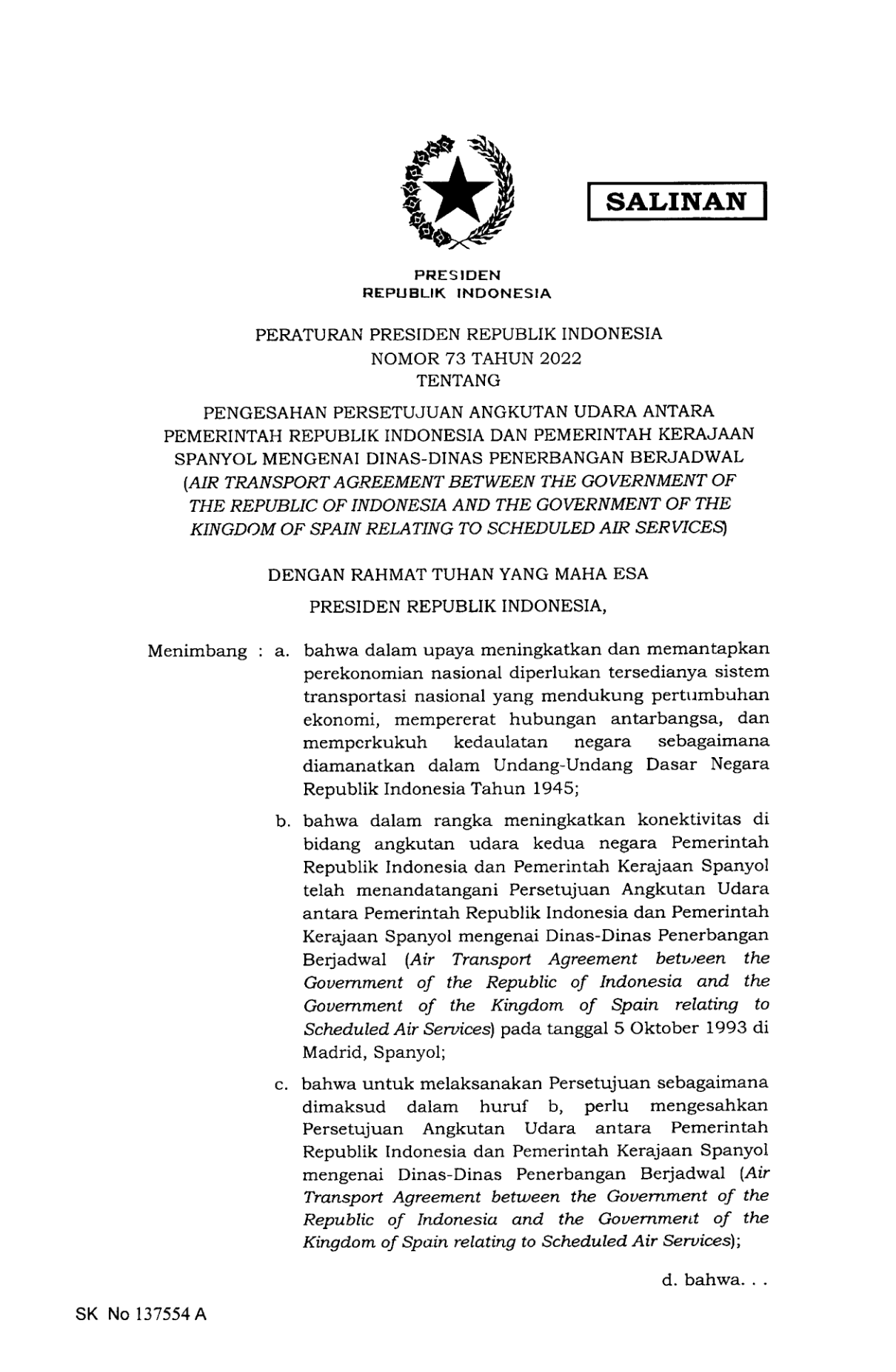 Peraturan Presiden Nomor 73 Tahun 2022