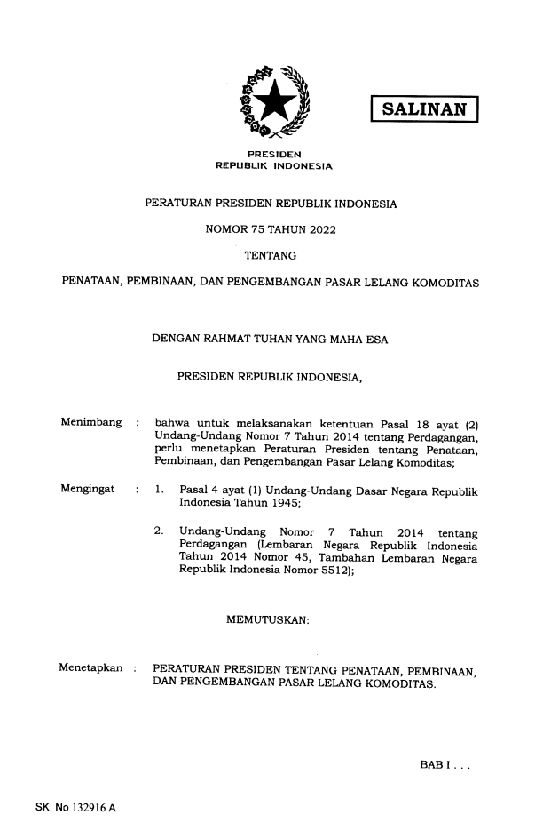 Peraturan Presiden Nomor 75 Tahun 2022
