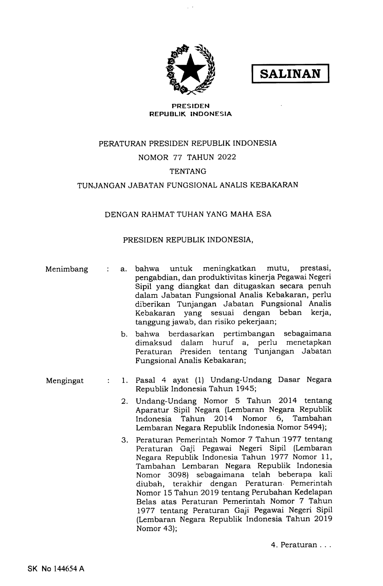 Peraturan Presiden Nomor 77 Tahun 2022