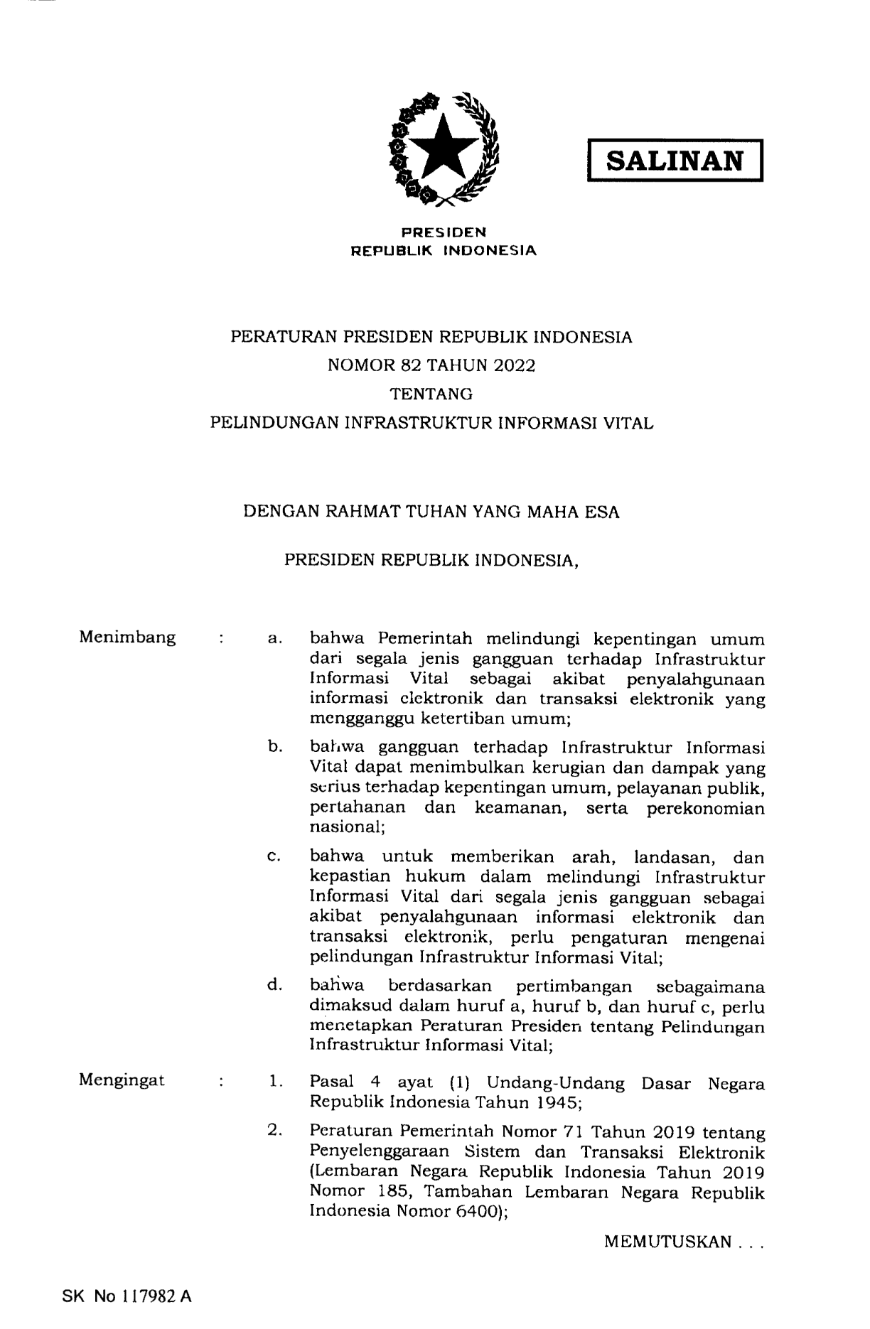 Peraturan Presiden Nomor 82 Tahun 2022