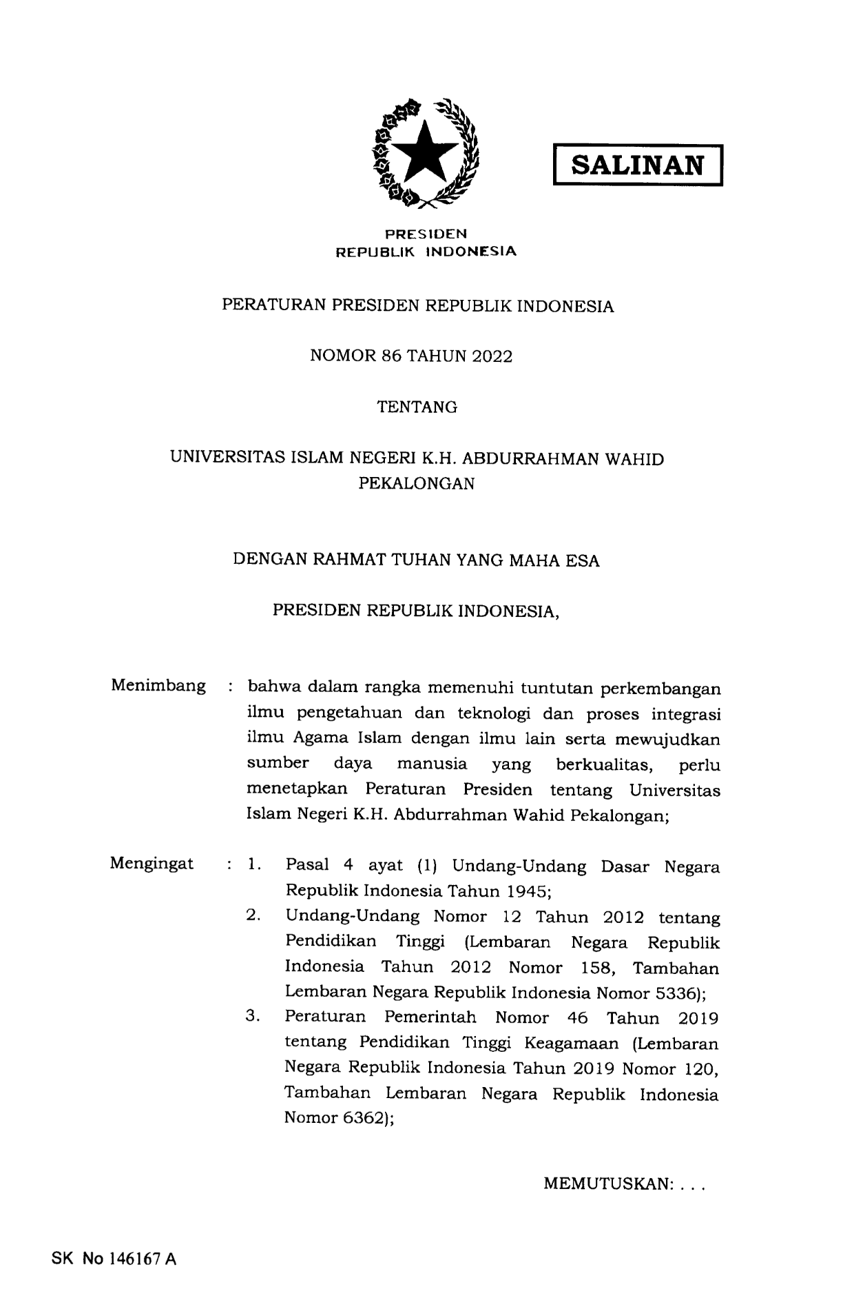 Peraturan Presiden Nomor 86 Tahun 2022