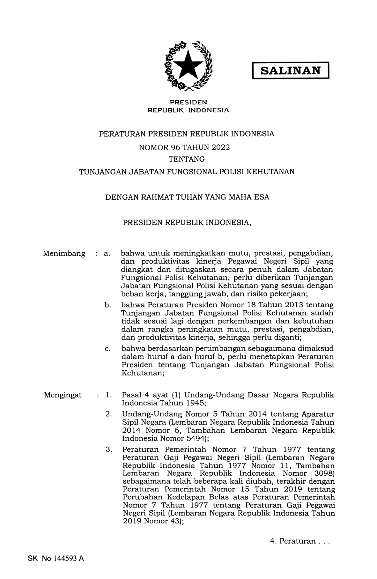 Peraturan Presiden Nomor 96 Tahun 2022